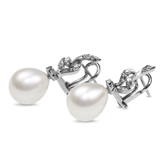 Palladium 11mm Fresh Water Pearl and Diamond Drop Earrings