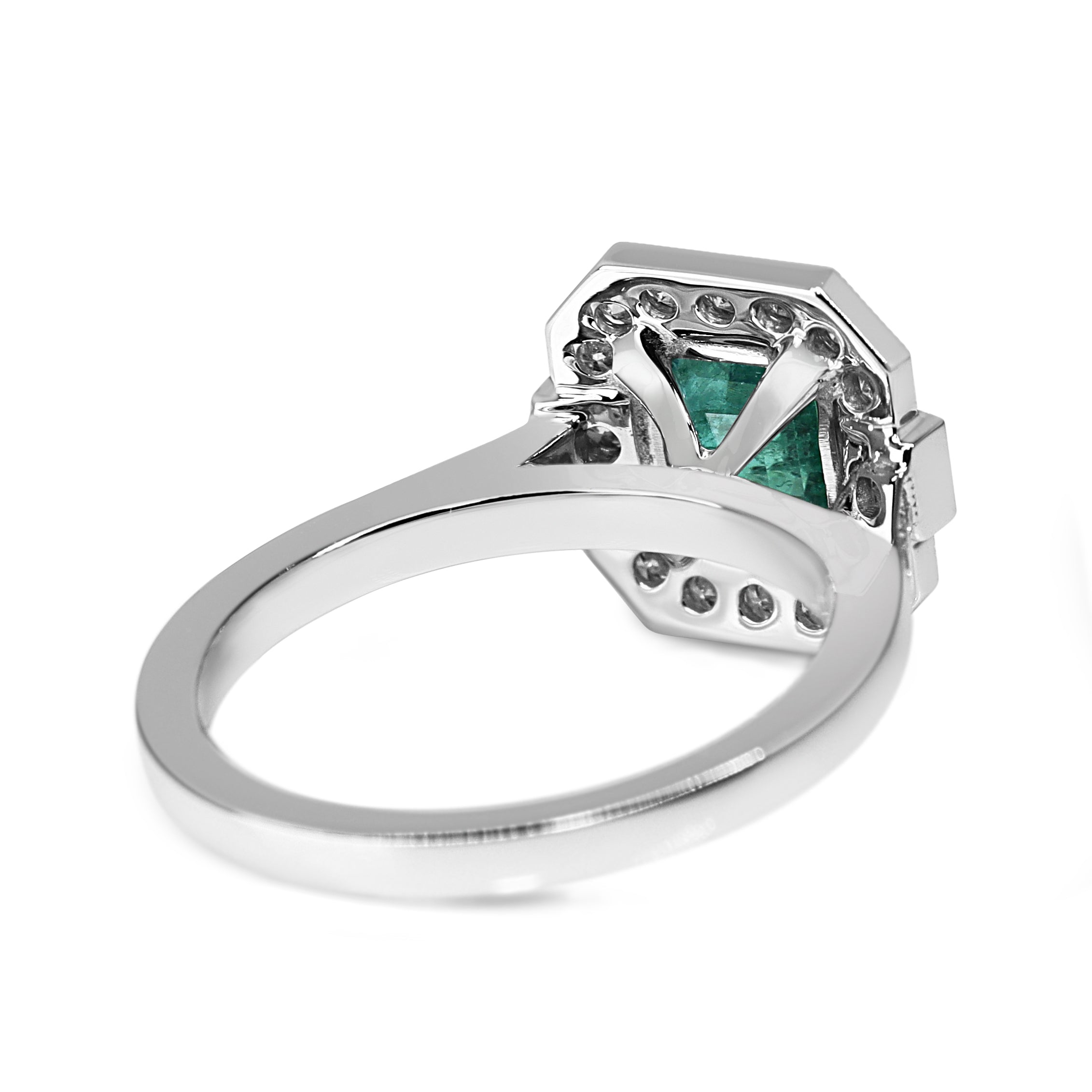 18ct White Gold Art Deco Style Emerald and Diamond Halo Ring