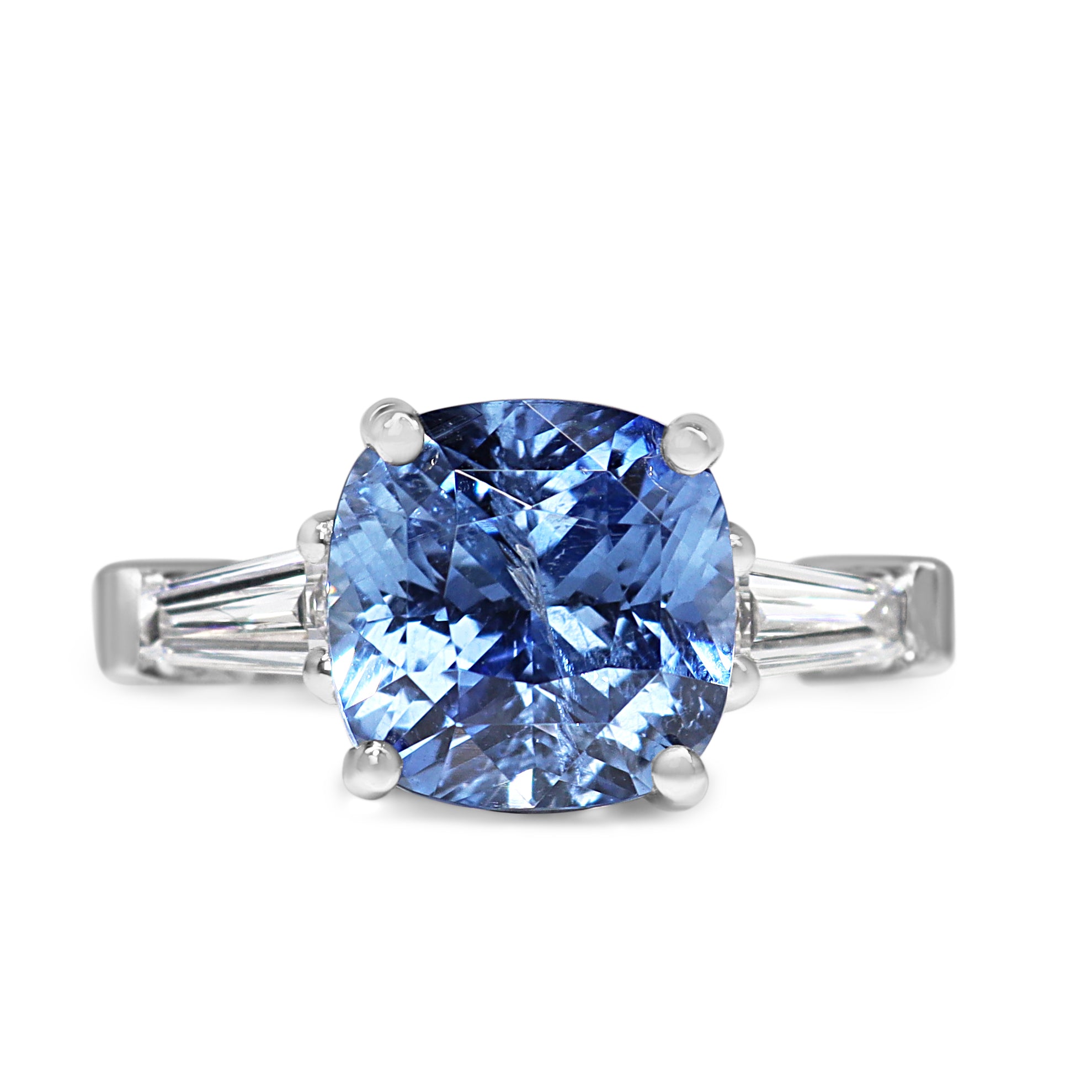 Platinum 5.26ct Cushion Sapphire and Tapered Baguette Diamond 3 Stone Ring