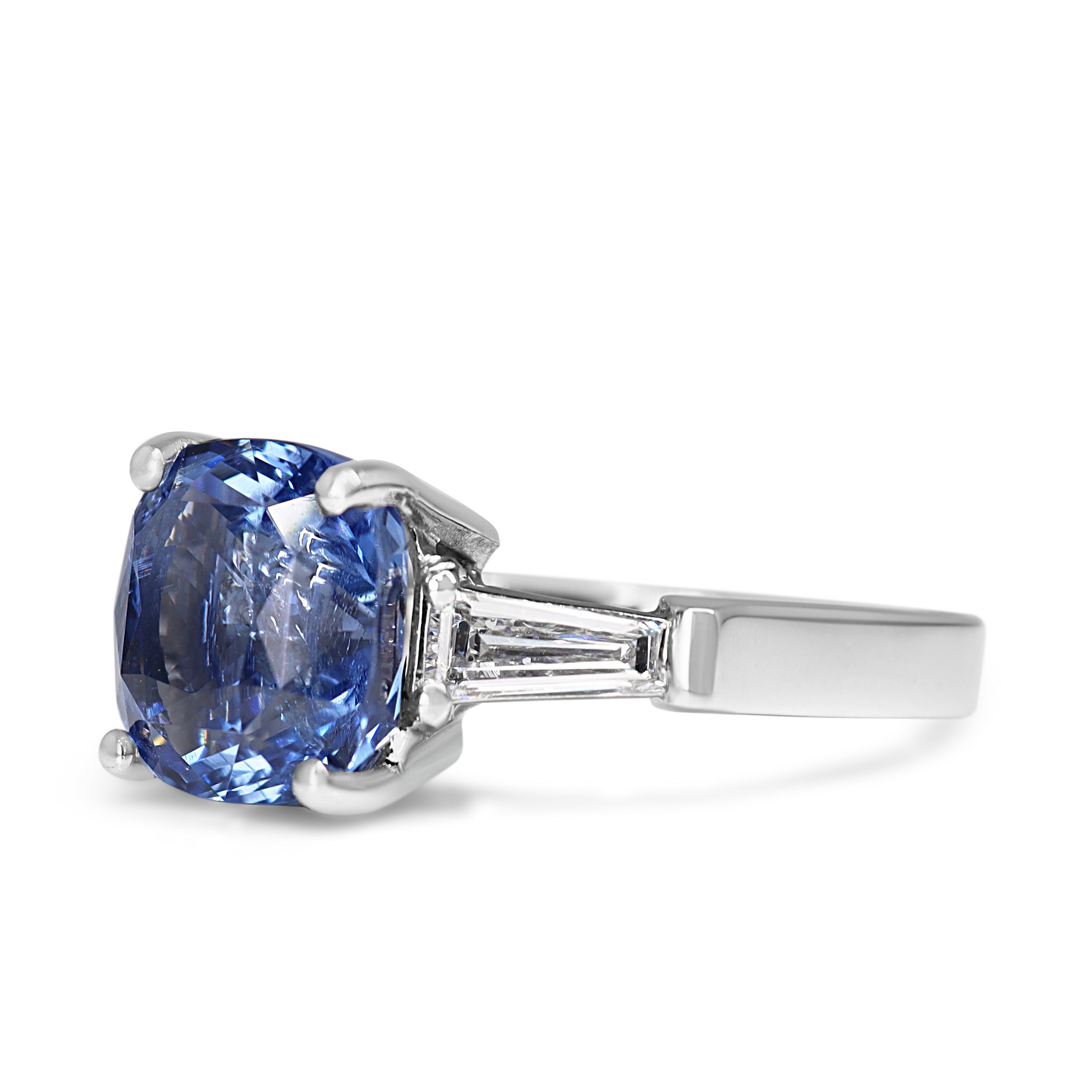 Platinum 5.26ct Cushion Sapphire and Tapered Baguette Diamond 3 Stone Ring