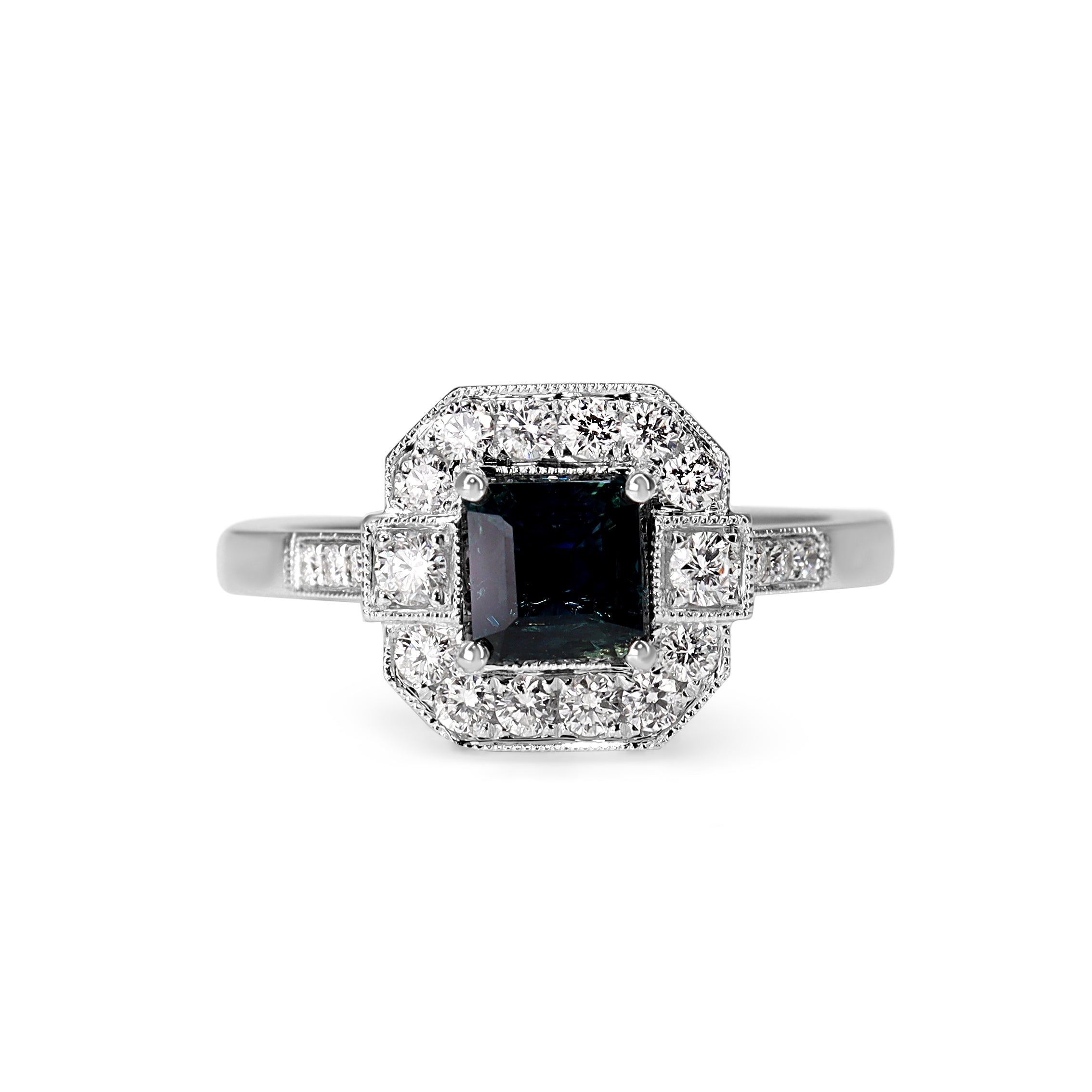 18ct White Gold Sapphire and Diamond Art Deco Style Halo Ring