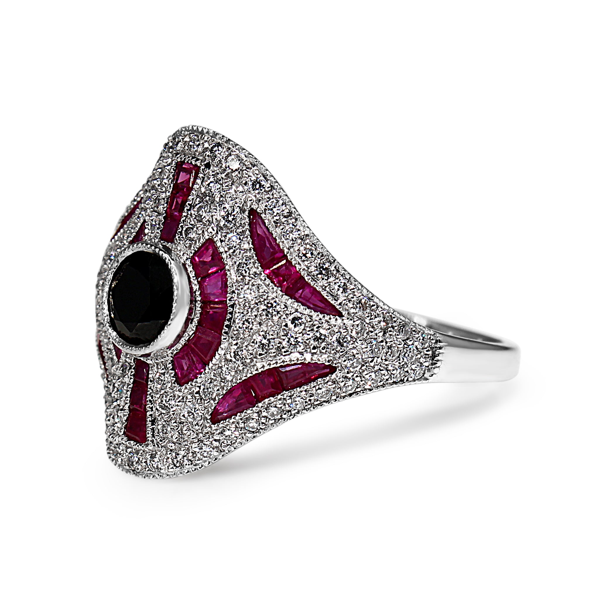 18ct White Gold Ruby, Onyx and Diamond Art Deco Style Ring