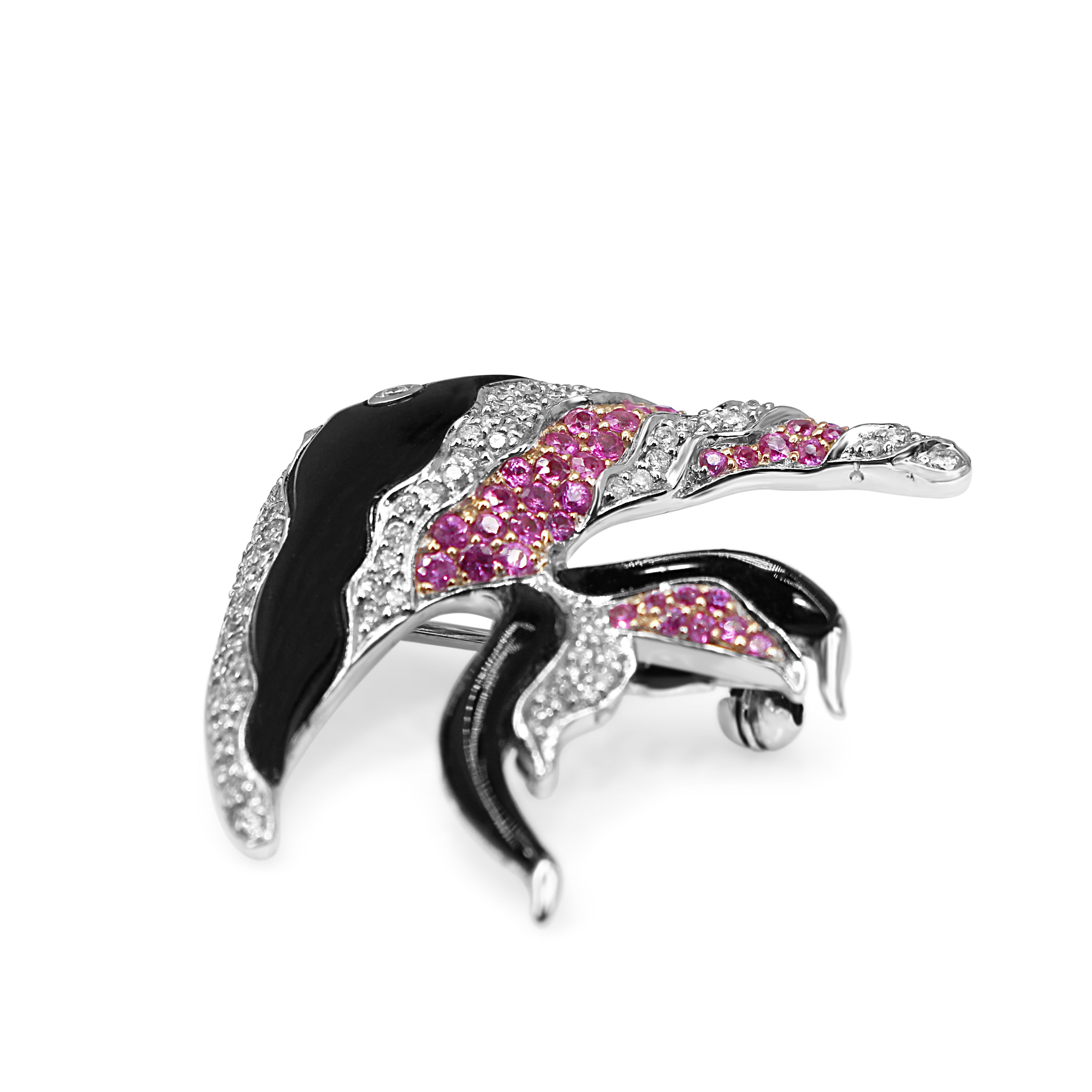 18ct White Gold Onyx, Pink Sapphire and Diamond Angel Fish Brooch