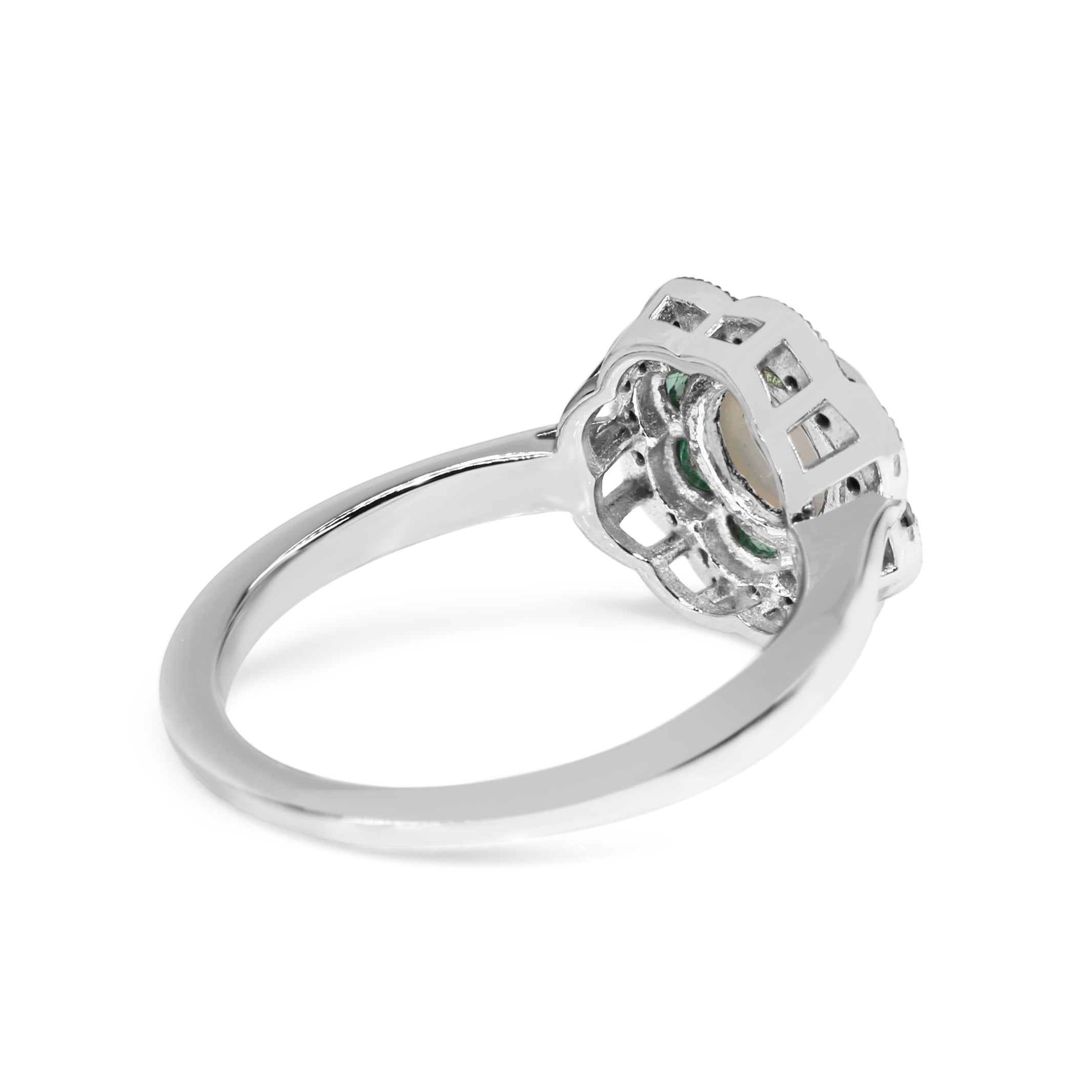 9ct White Gold Moonstone, Emerald and Diamond Daisy Ring