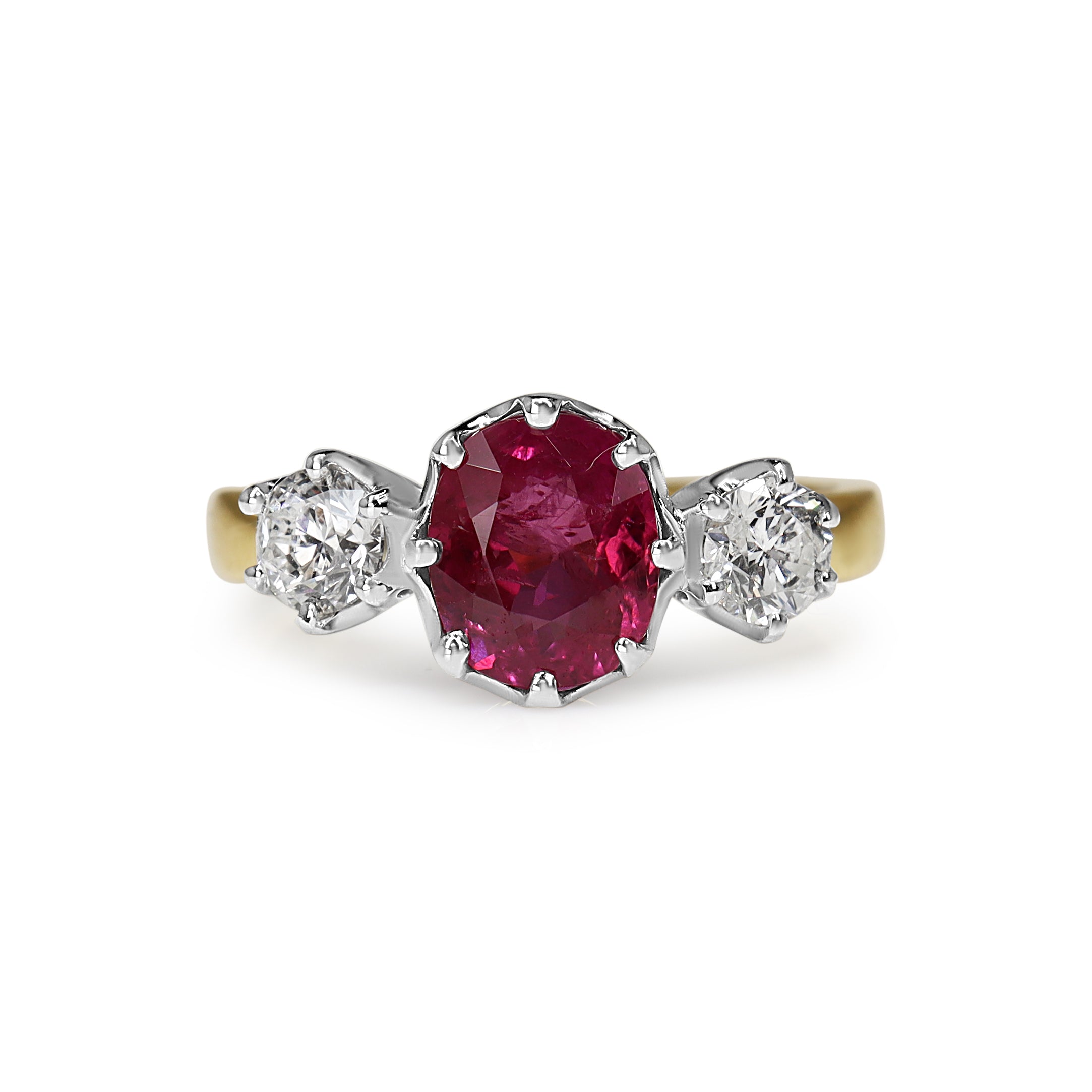 18ct Yellow and White Gold Vintage Style Ruby and Diamond 3 Stone Ring