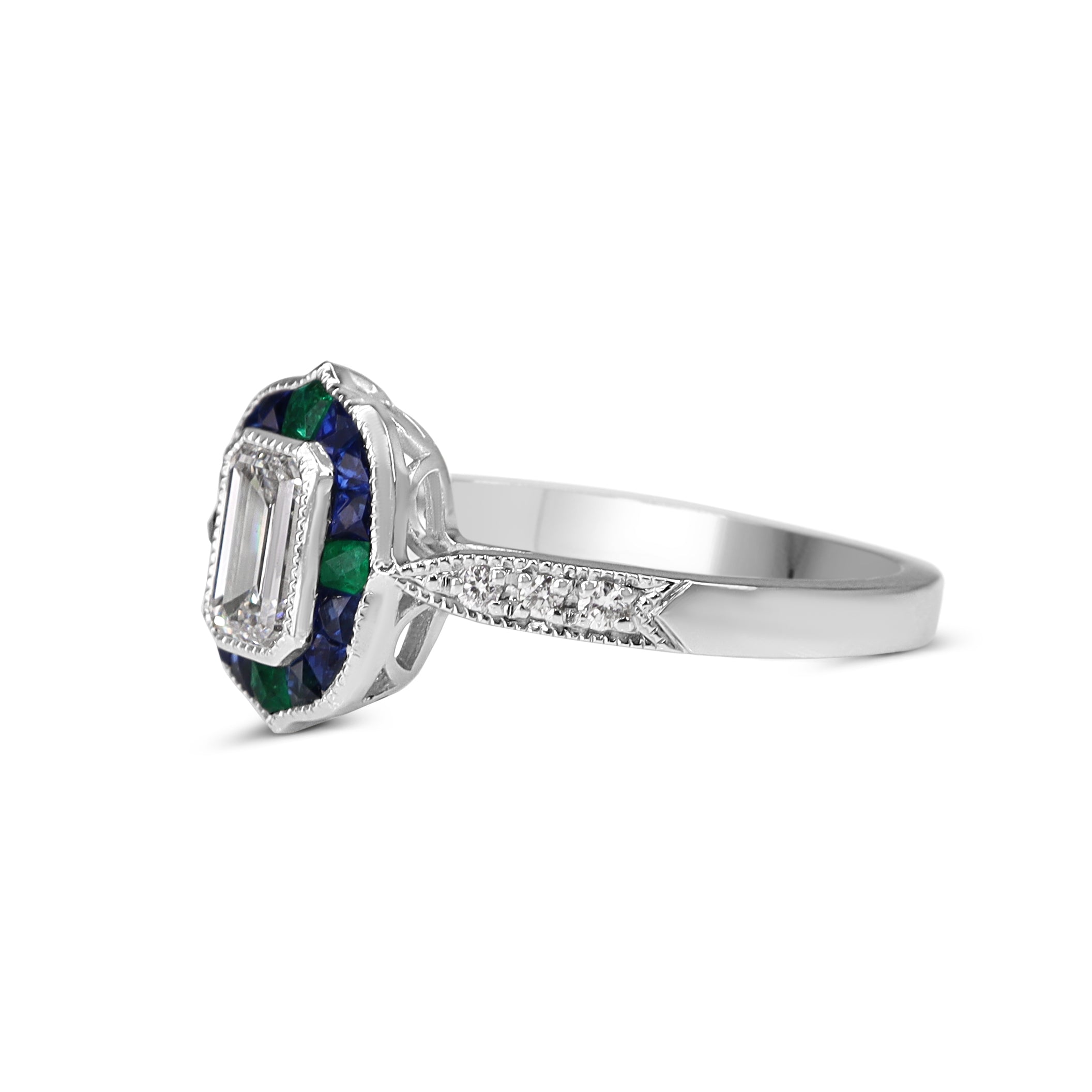 Platinum Emerald Cut Diamond with Sapphire and Emerald Art Deco Style Halo