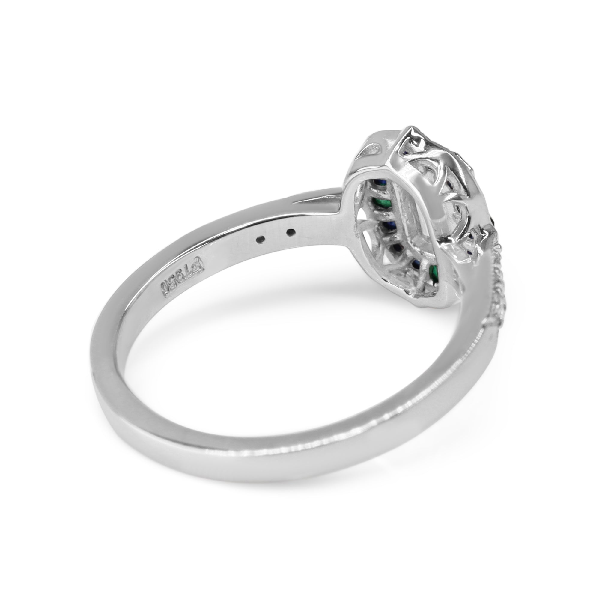Platinum Emerald Cut Diamond with Sapphire and Emerald Art Deco Style Halo