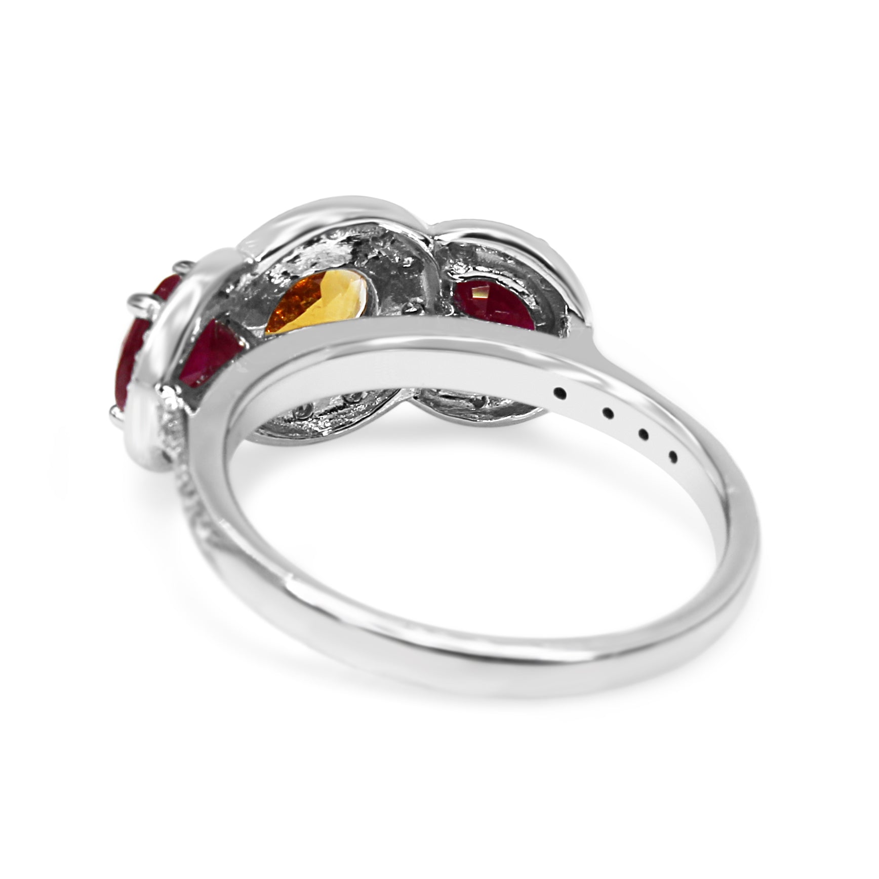 18ct White Gold Citrine, Ruby and Diamond 3 Stone Halo Ring