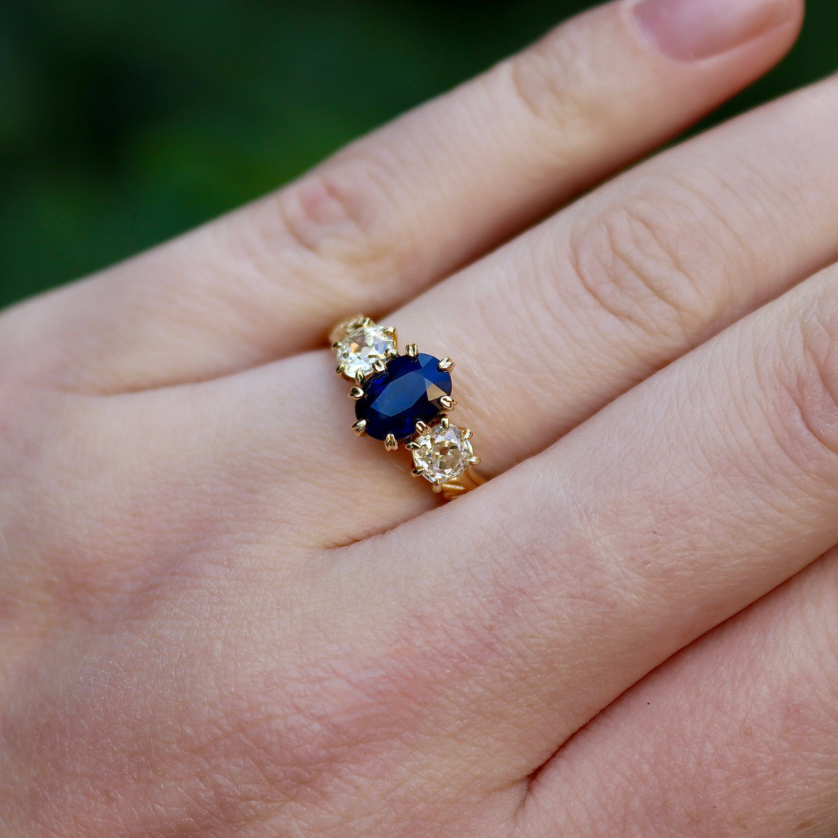 18ct Yellow Gold Antique Style Sapphire and Old Cut Diamond 3 Stone Ring
