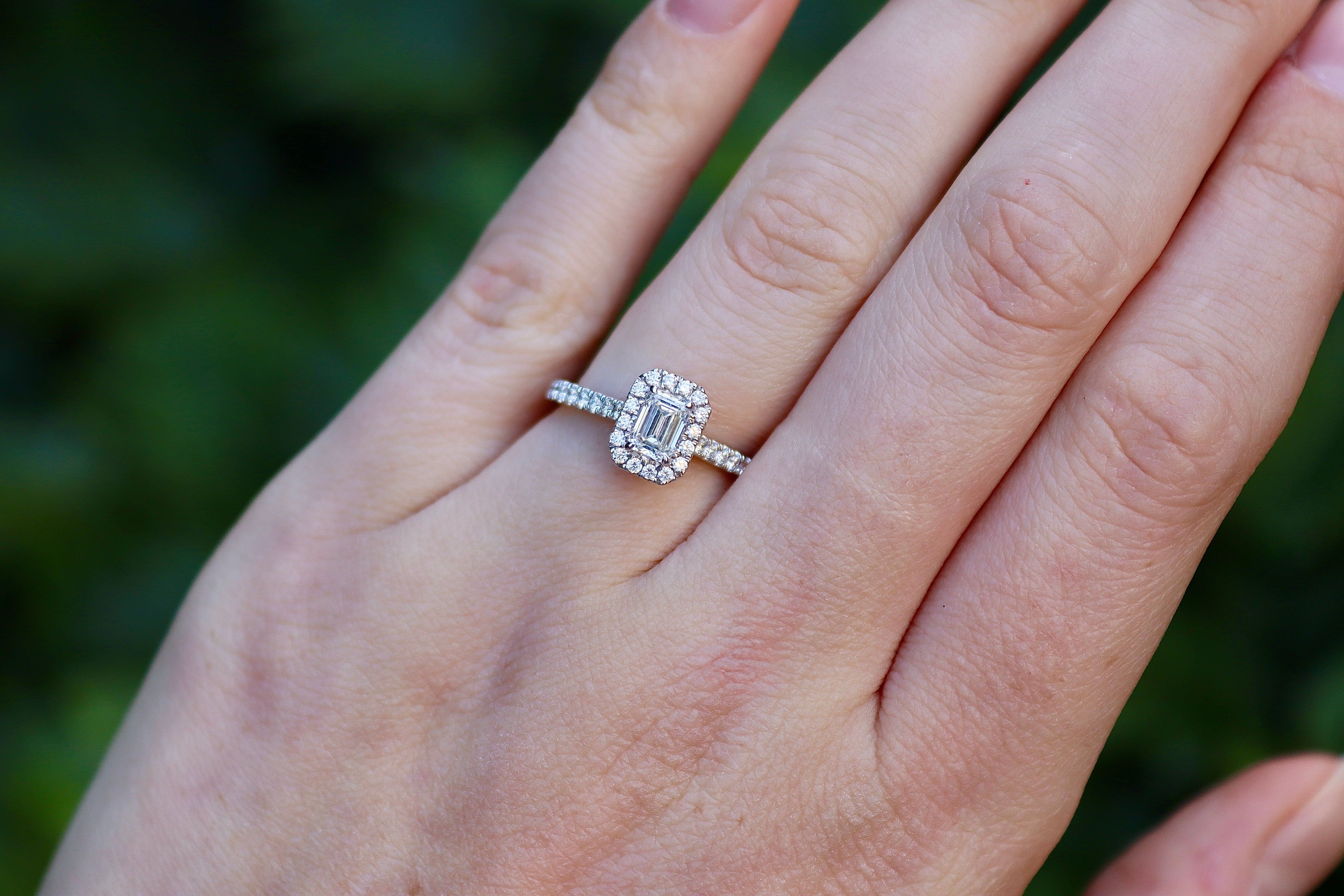 18ct White Gold Emerald Cut Diamond Halo Ring