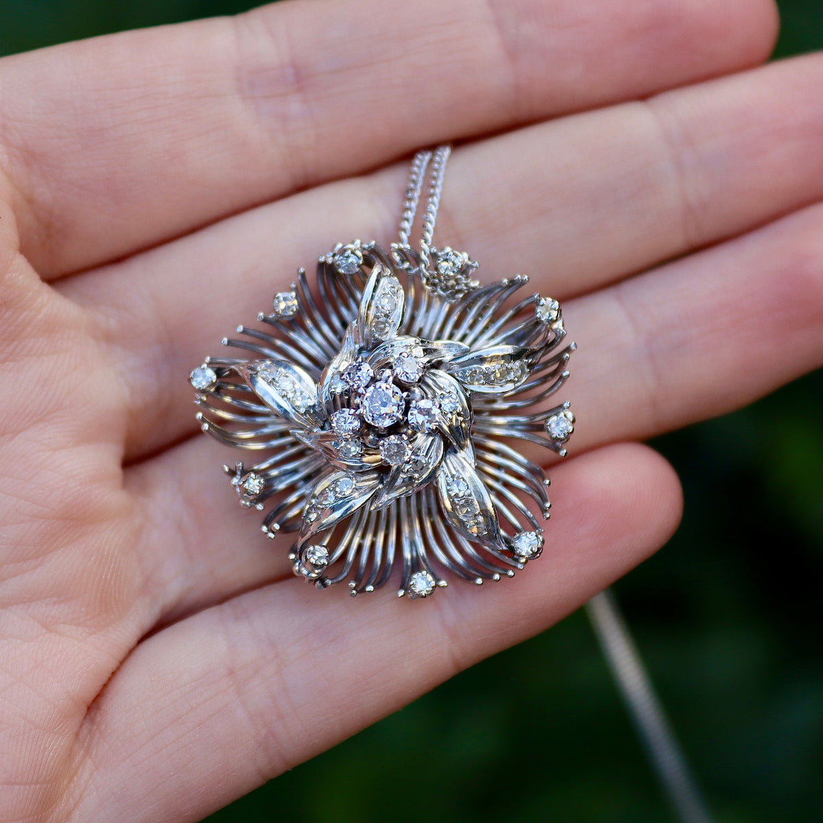18ct White Gold Vintage Old Cut Diamond Floral Necklace