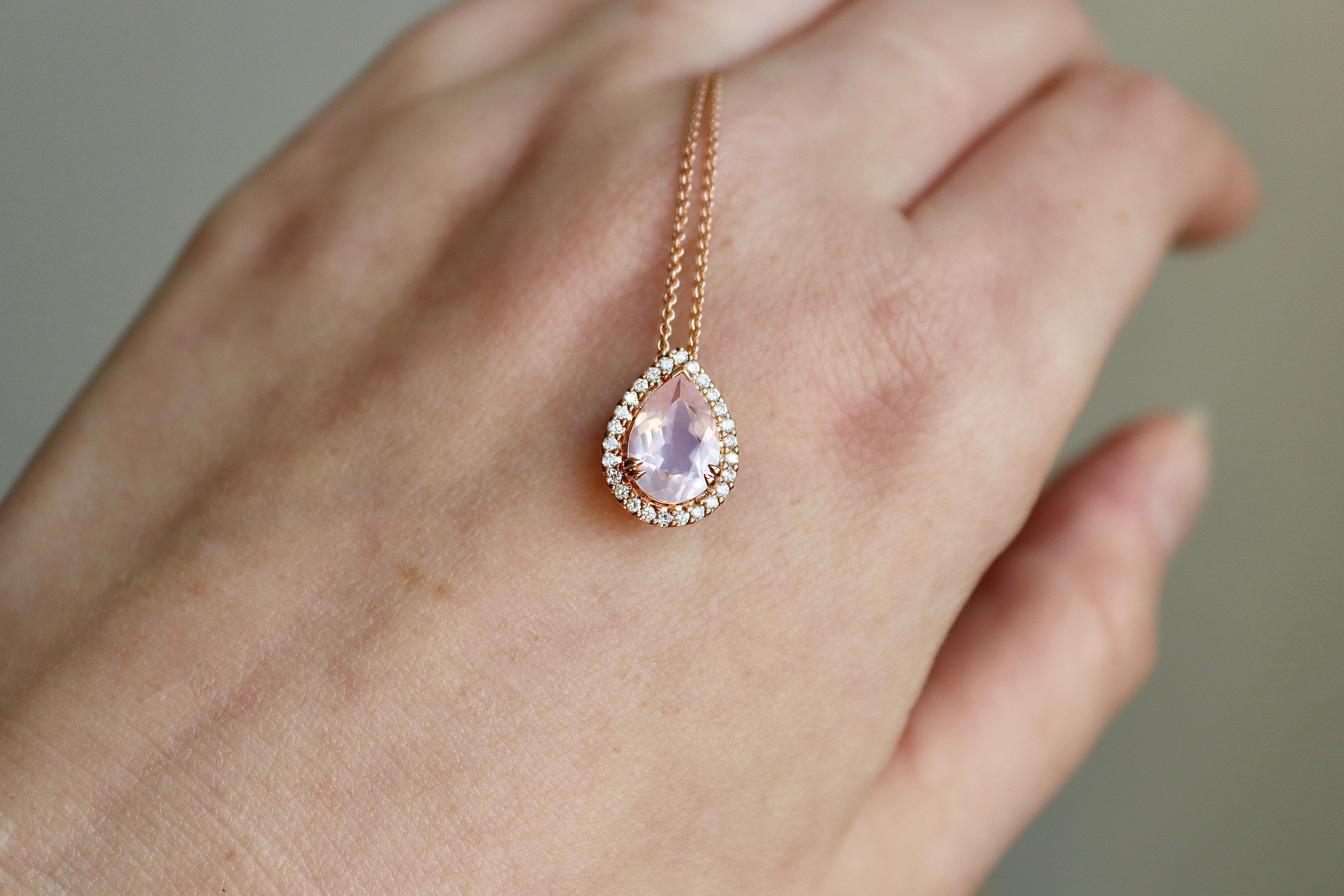 9ct Rose Gold Pear Rose Quartz and Diamond Halo Necklace