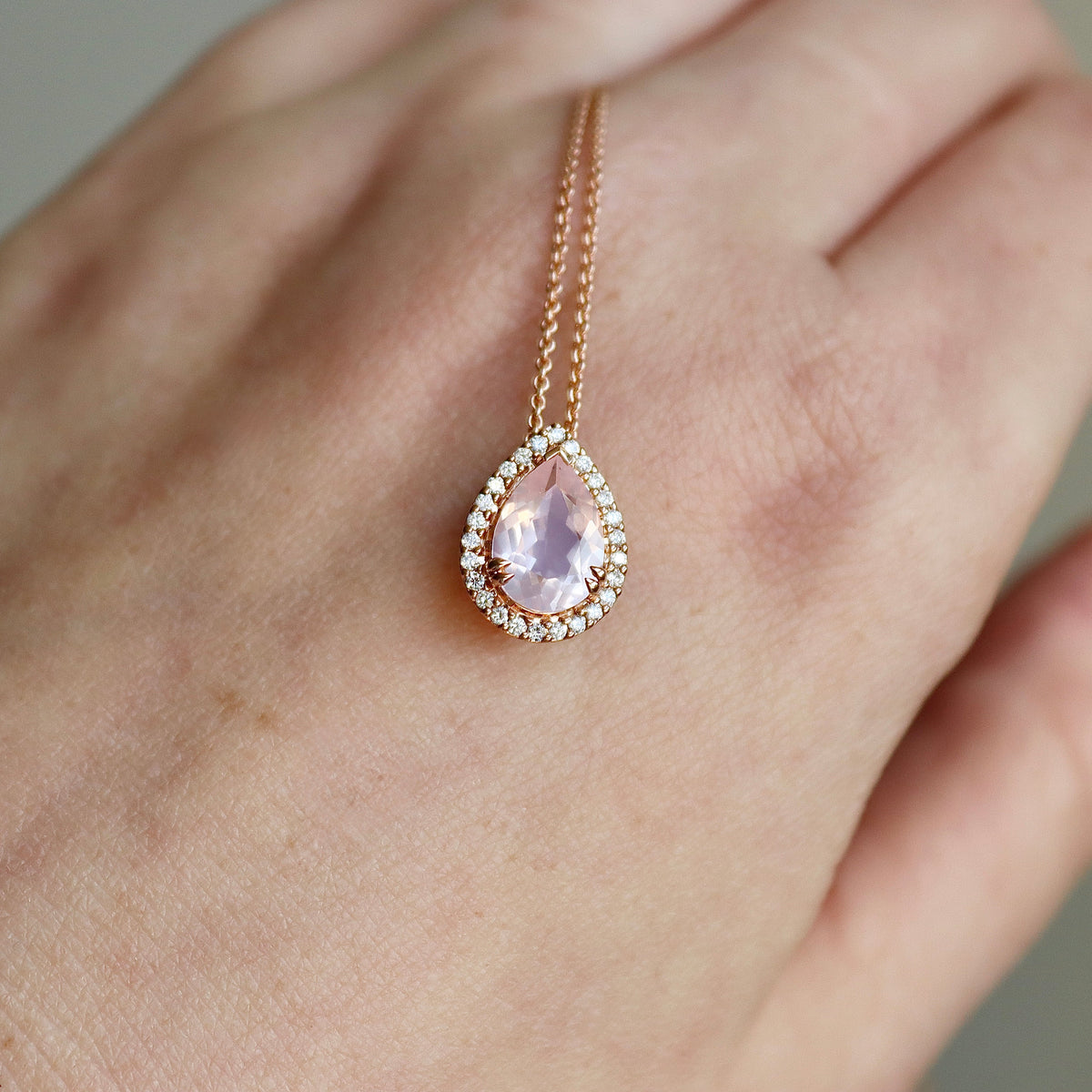9ct Rose Gold Pear Rose Quartz and Diamond Halo Necklace