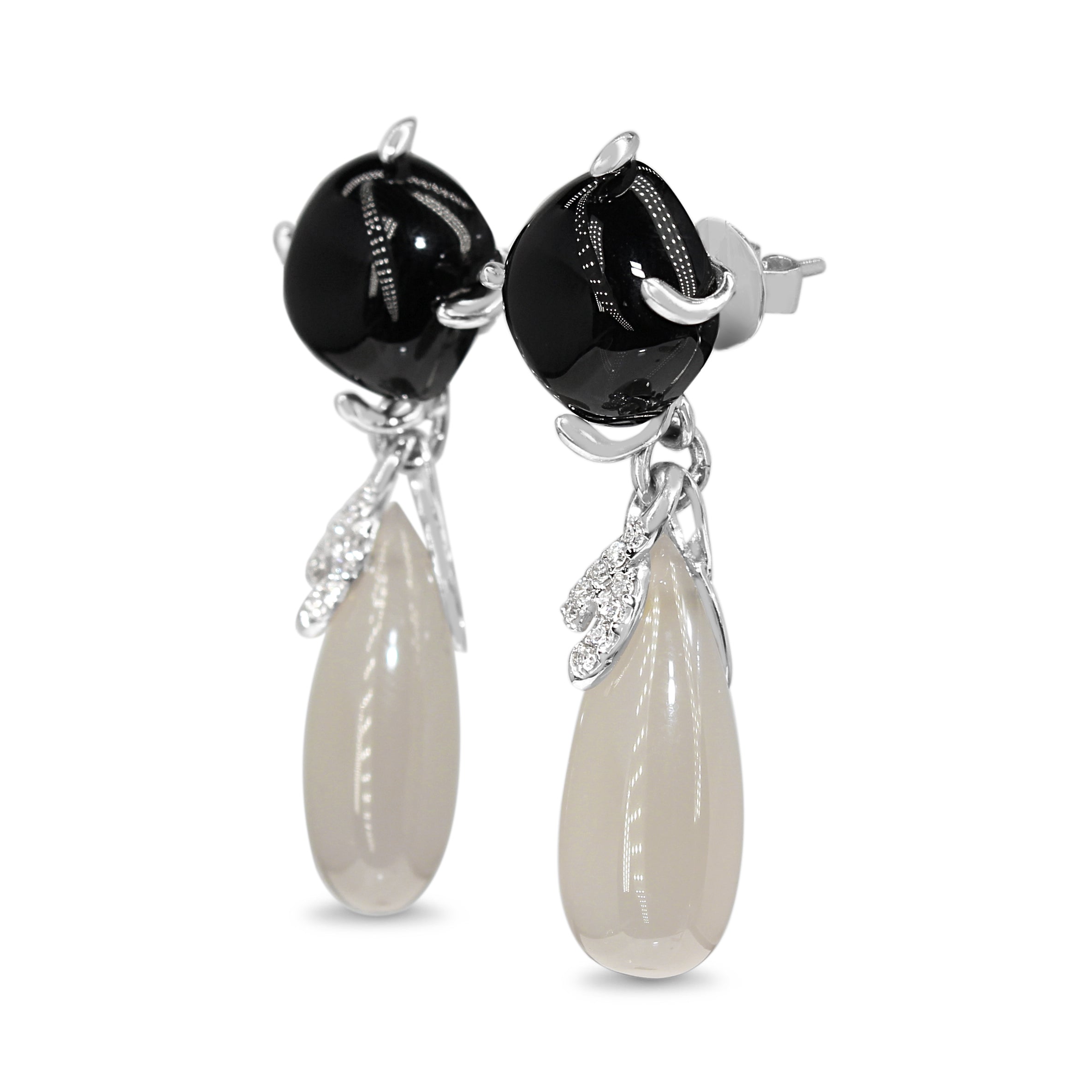 9ct White Gold Chalcedony, Diamond and Onyx Drop Earrings