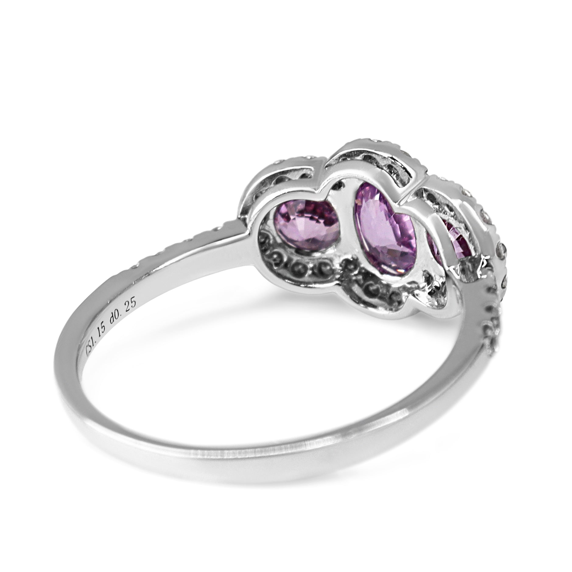 18ct White Gold Pink Sapphire 3 Stone and Halo Ring