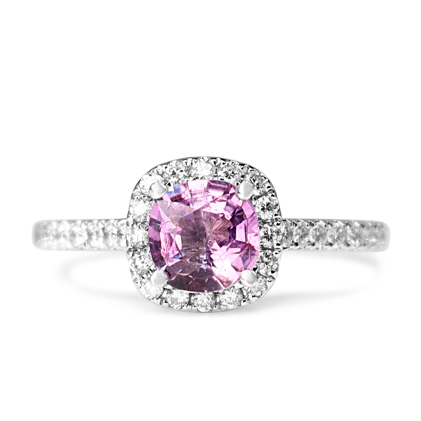 18ct White Gold Pink Sapphire and Diamond Halo Ring