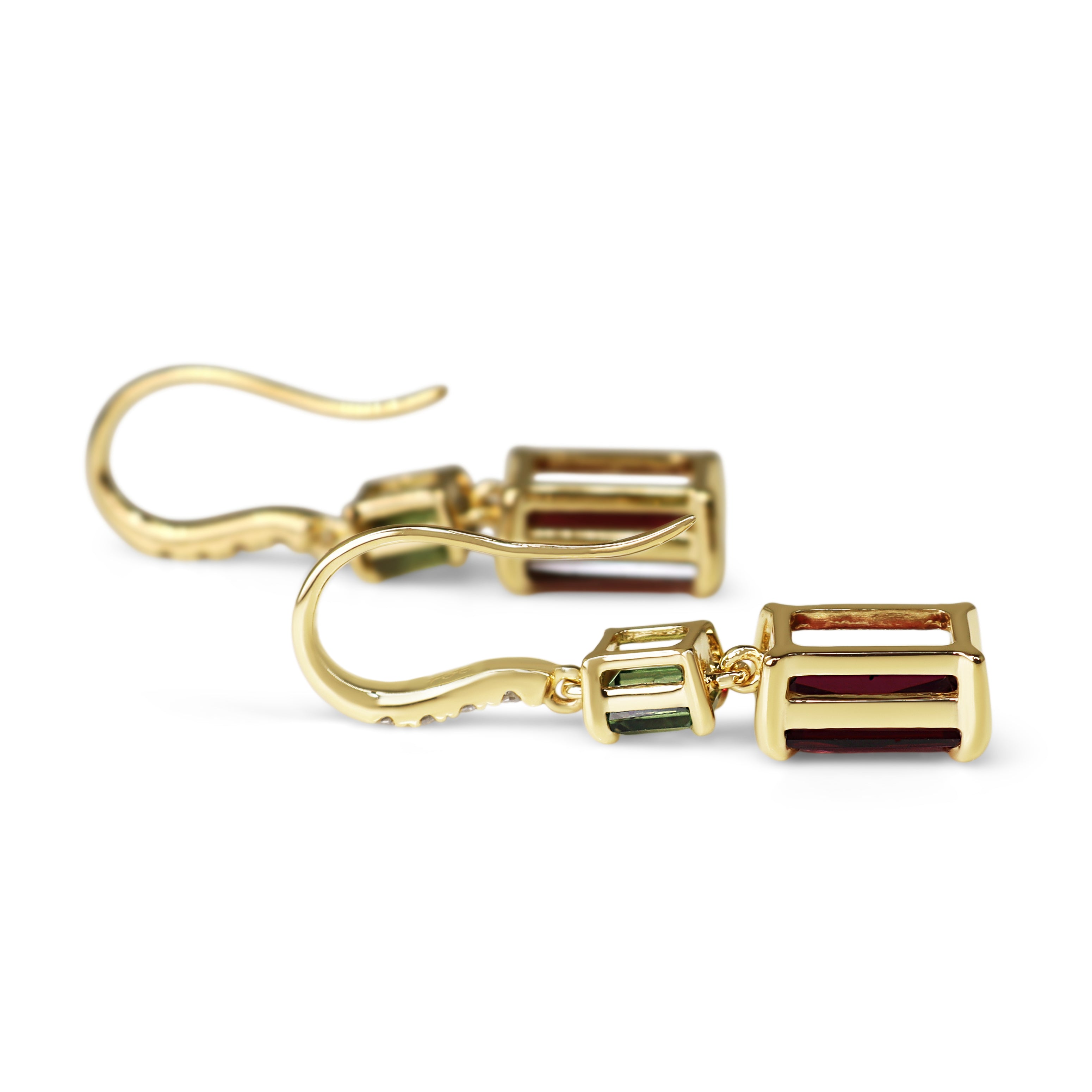 18ct Yellow Gold, Green Sapphire, Rhodolite Garnet and Diamond Drop Earrings
