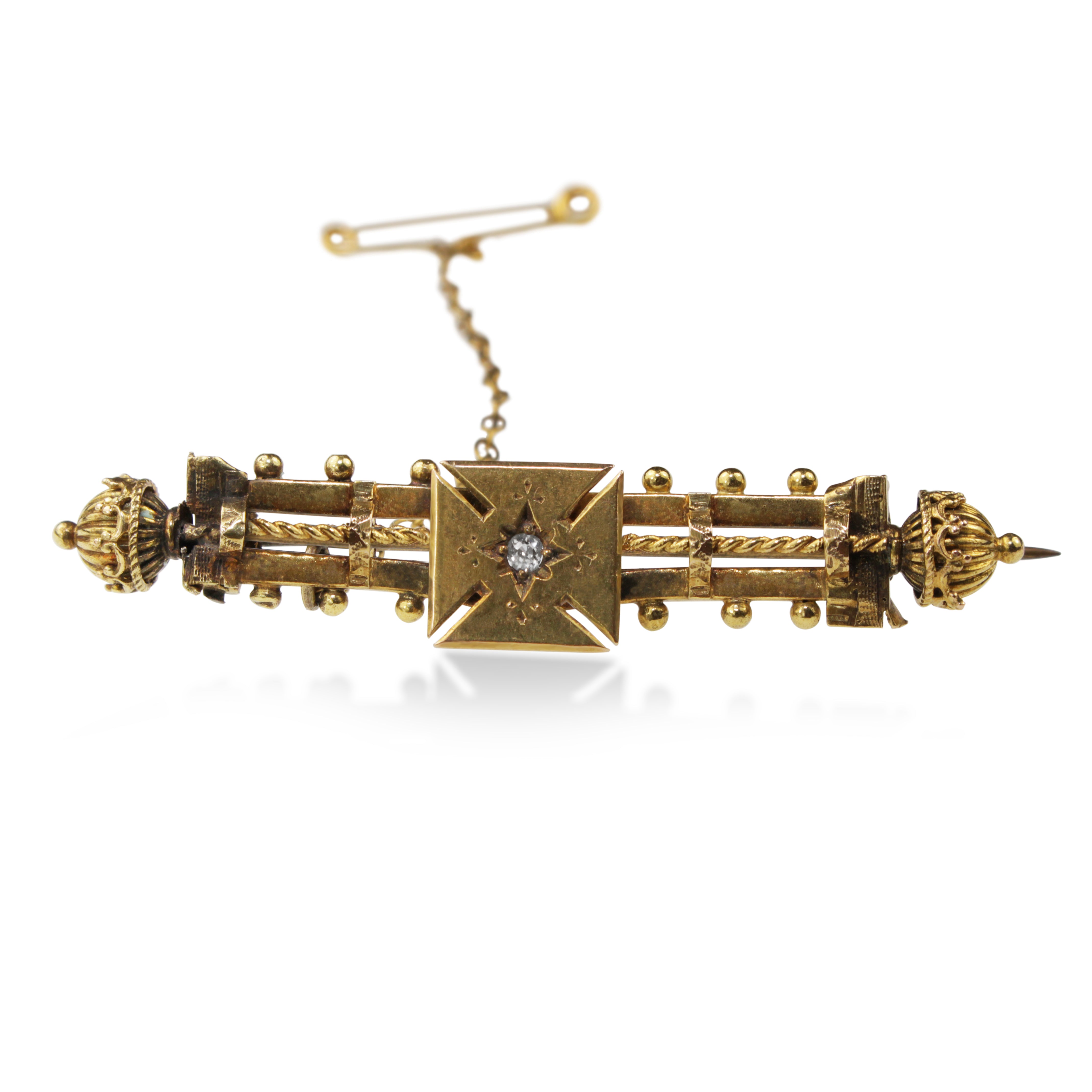 15ct Yellow Gold Antique Bar Brooch With Diamond