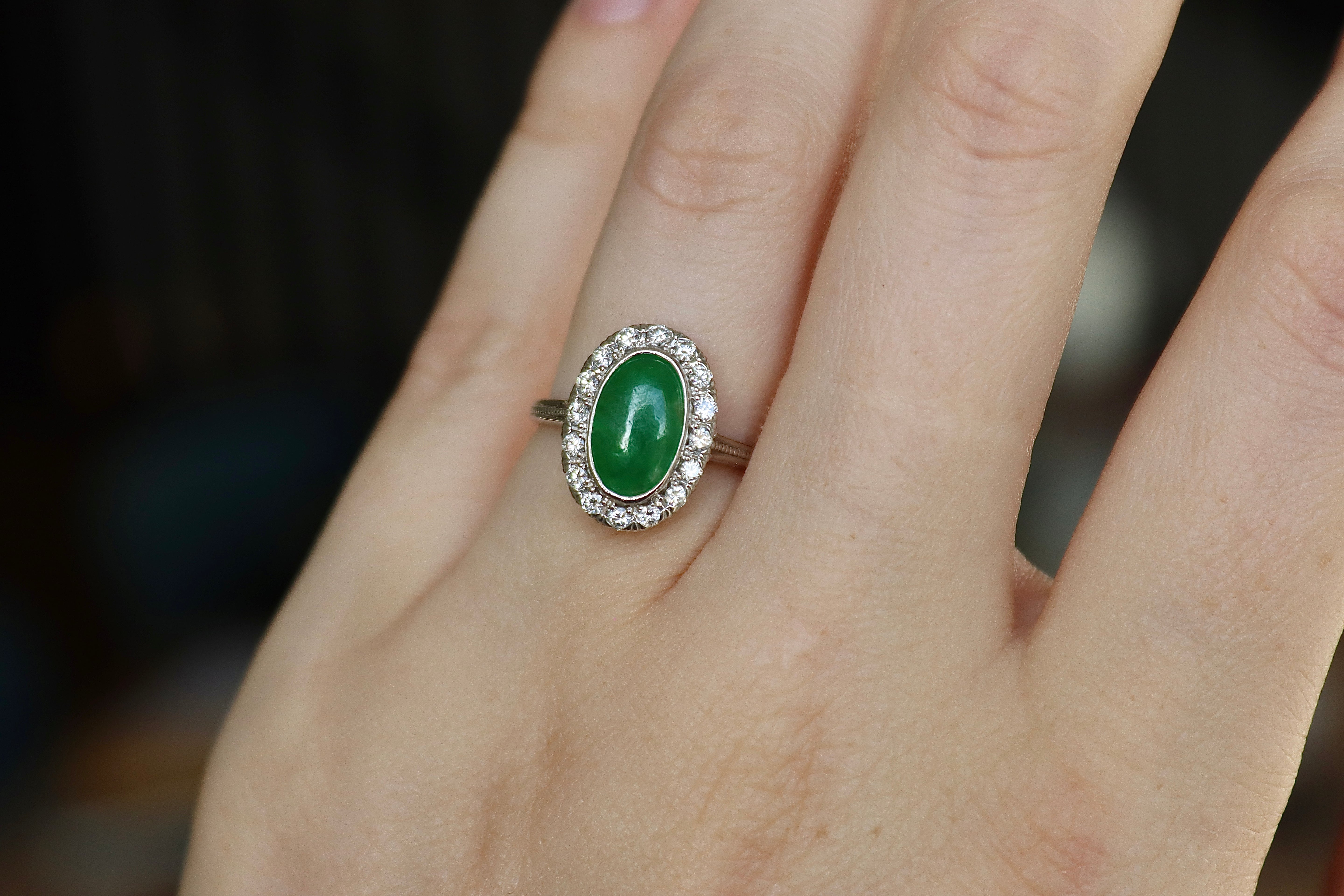 Platinum Jade and Diamond Vintage Halo Ring