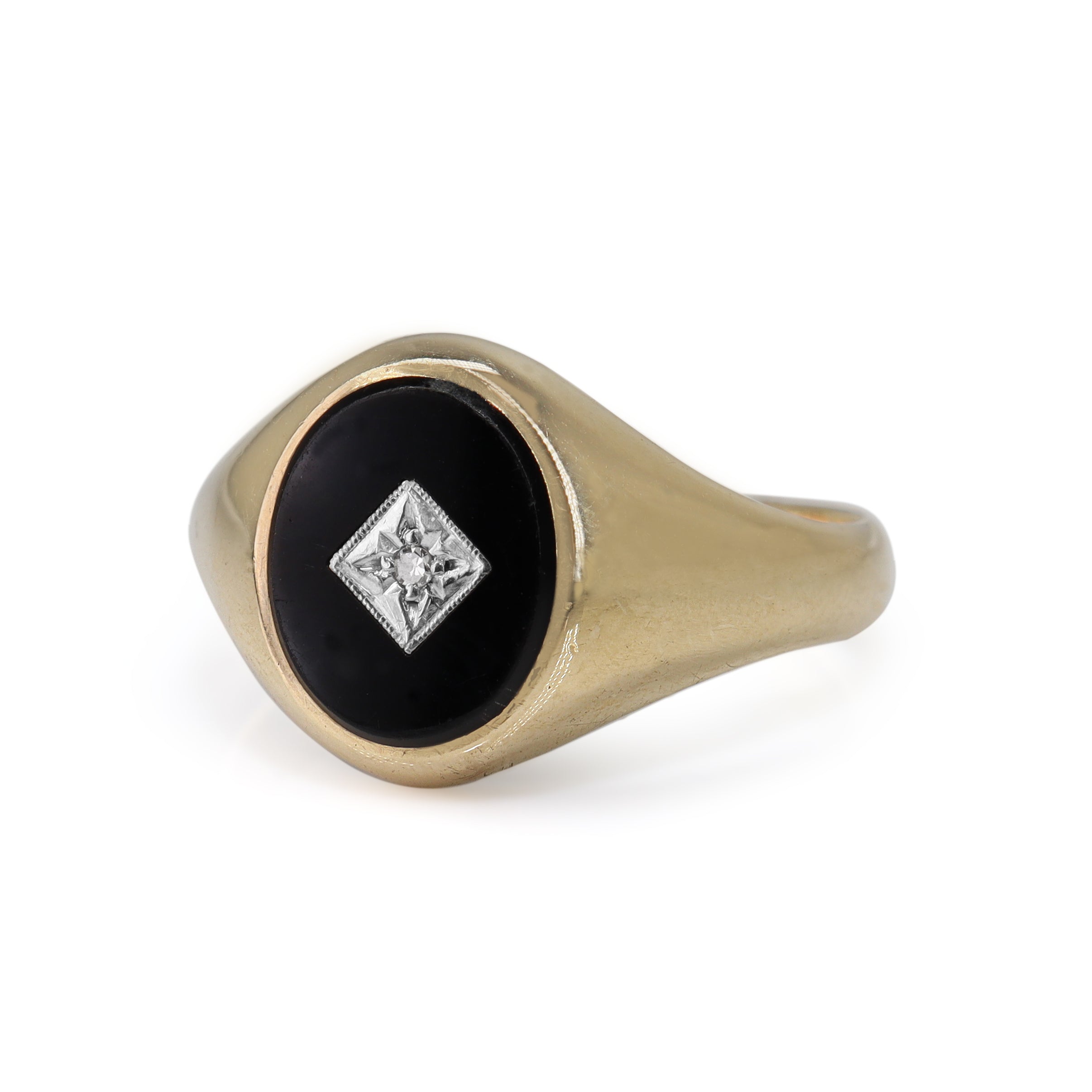 9ct Yellow Gold Onyx and Diamond Vintage Signet Ring