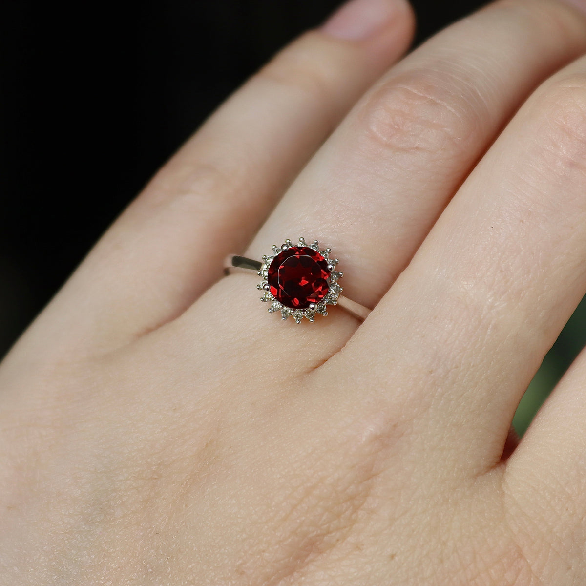 9ct White Gold Garnet and Diamond Halo Ring