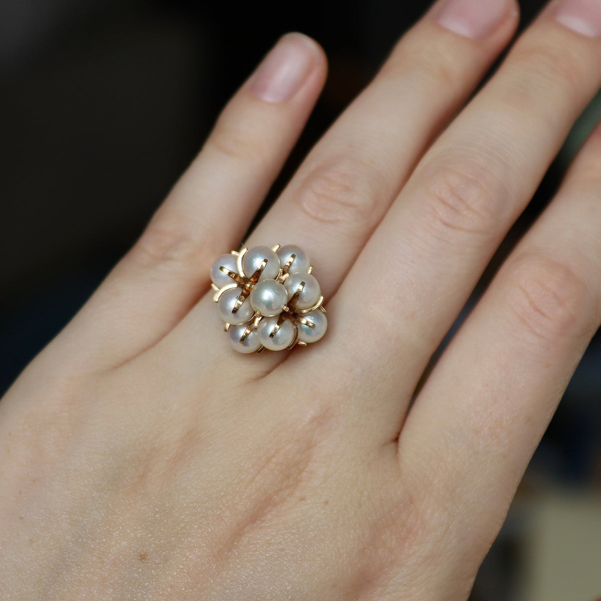 14ct Yellow Gold Cultured Pearl Cluster Cocktail Ring