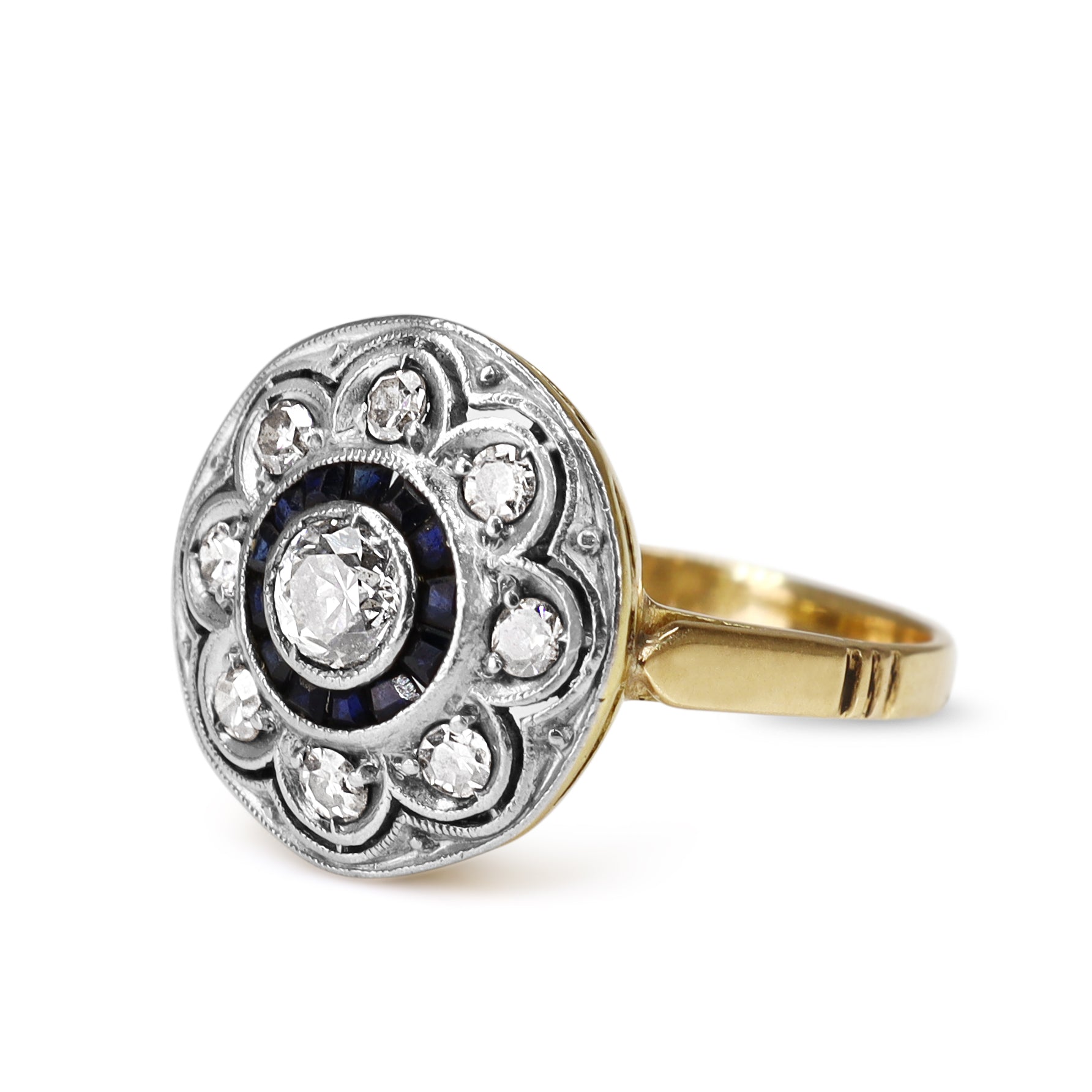 18ct Yellow and White Gold Art Deco Sapphire and Old Cut Diamond Target Style Ring