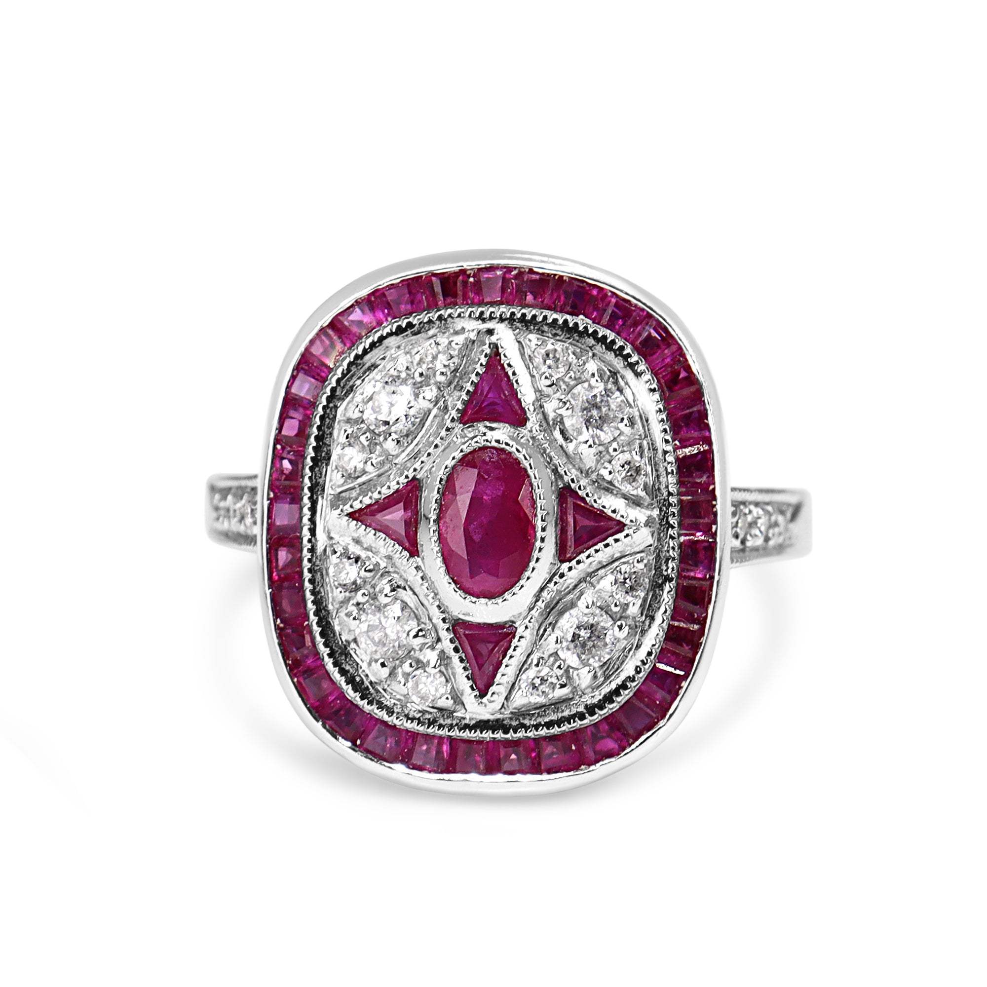 9ct White Gold Ruby and Diamond Art Deco Style Ring