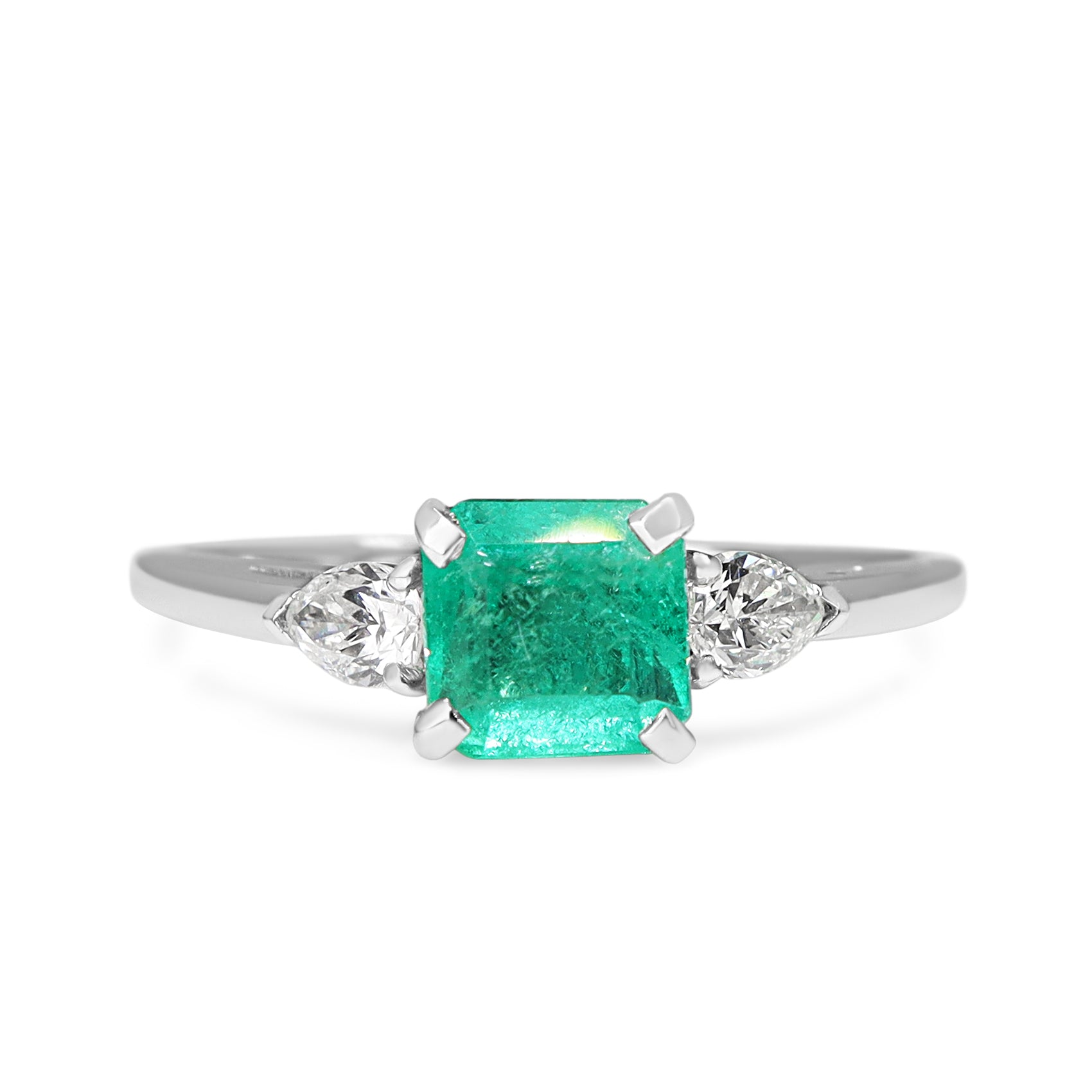 14ct White Gold Emerald and Pear Diamond 3 Stone Ring