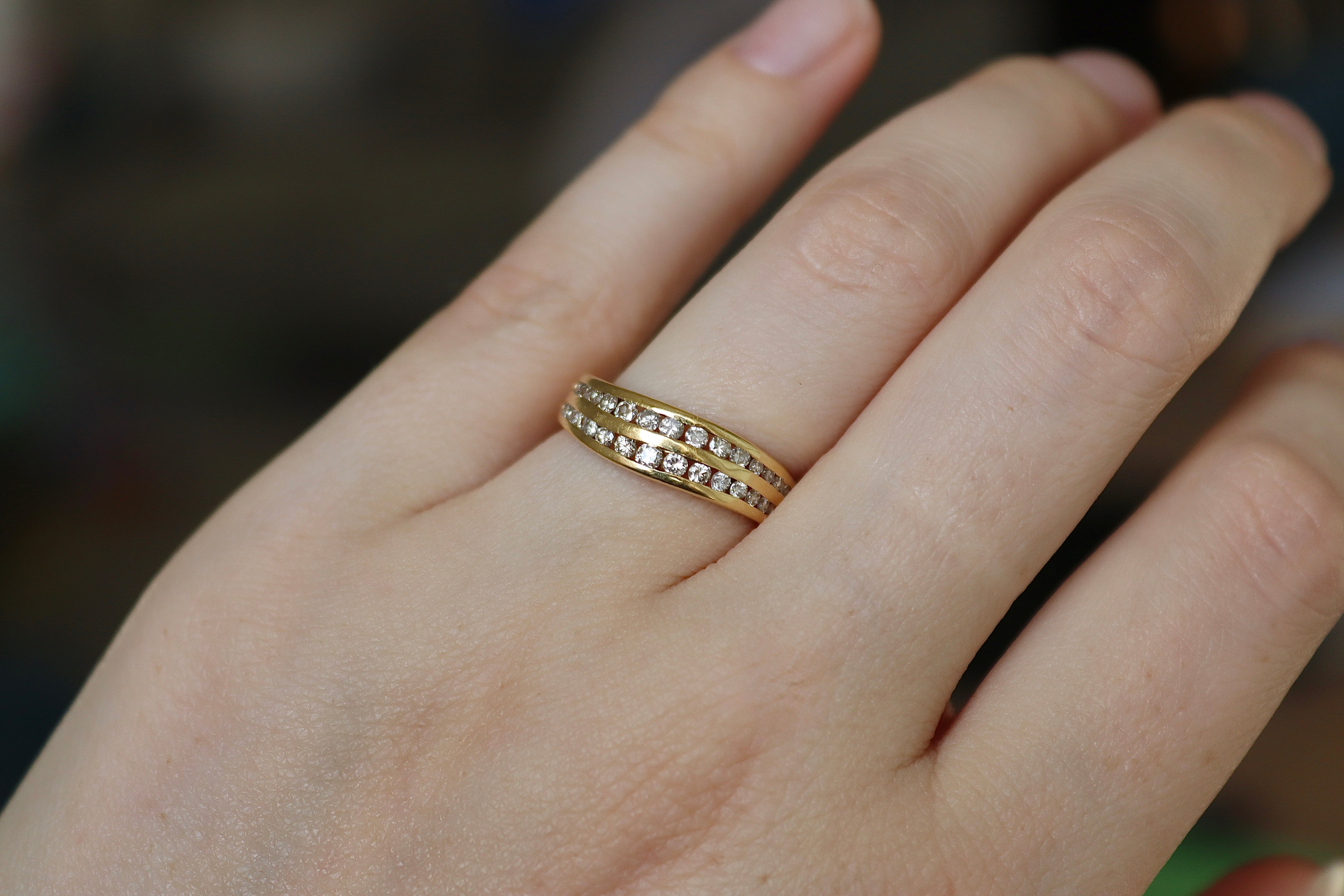 18ct Yellow Gold Channel Set Double Row Diamond Wave Ring