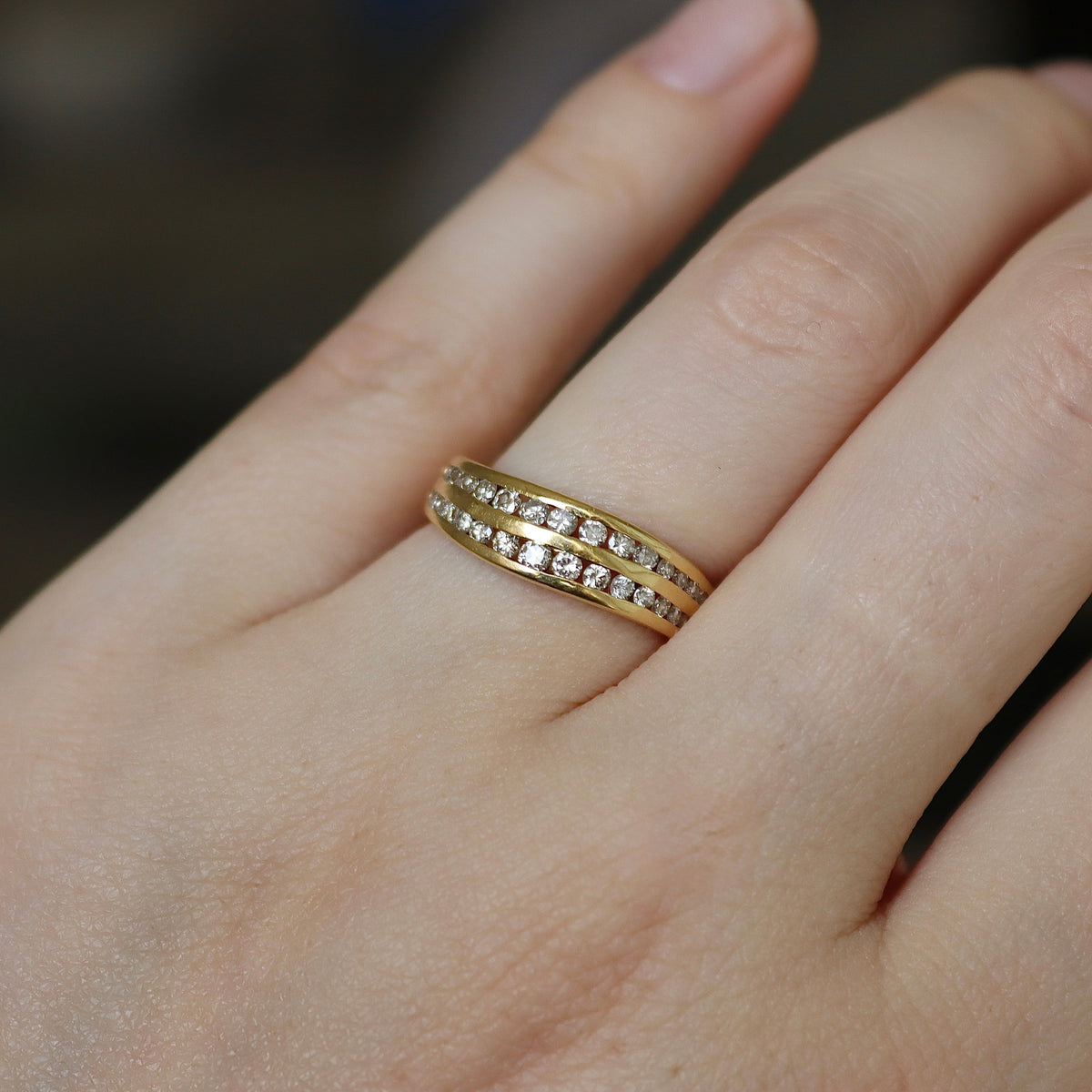 18ct Yellow Gold Channel Set Double Row Diamond Wave Ring