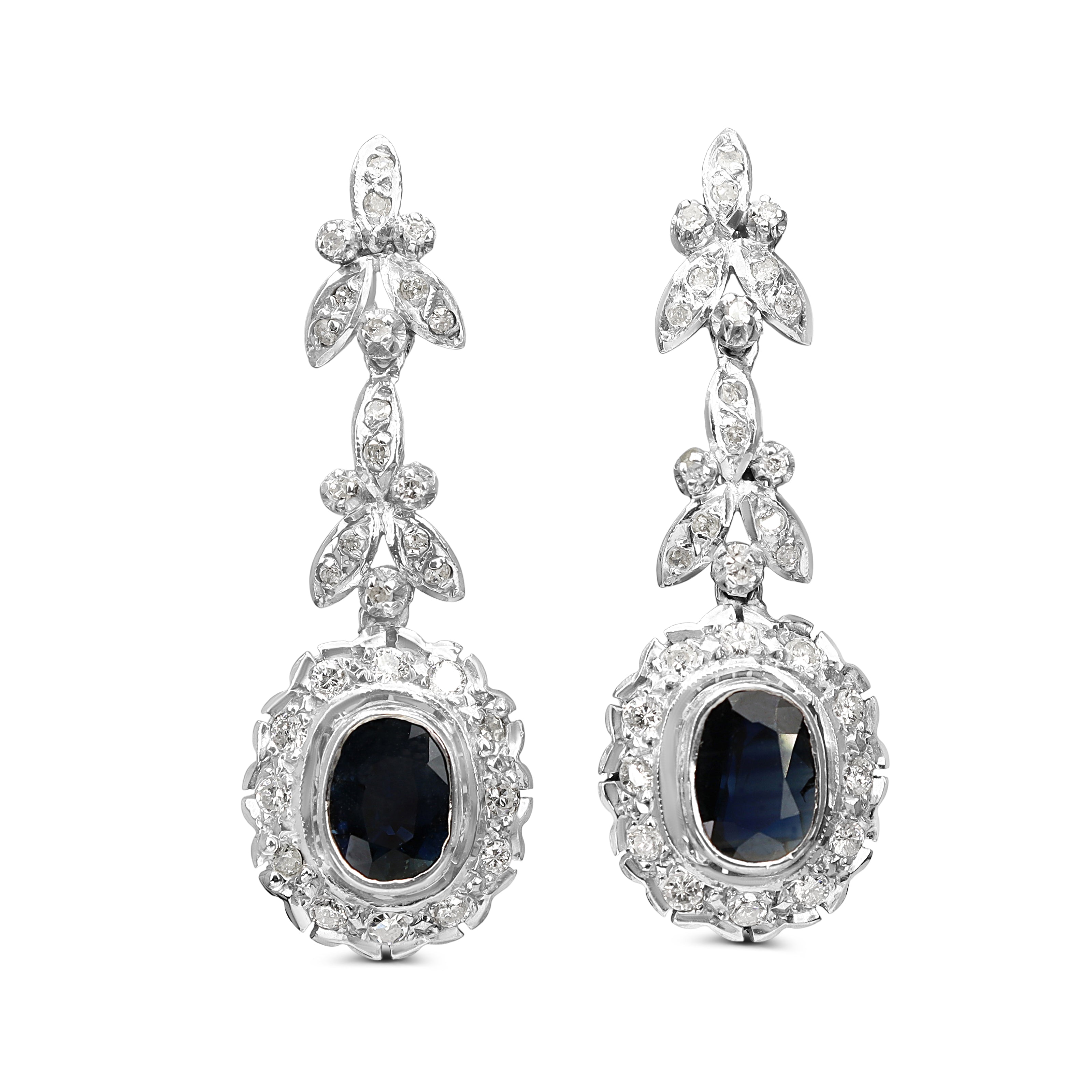Palladium Sapphire and Single Cut Diamond Floral Drop Earrings
