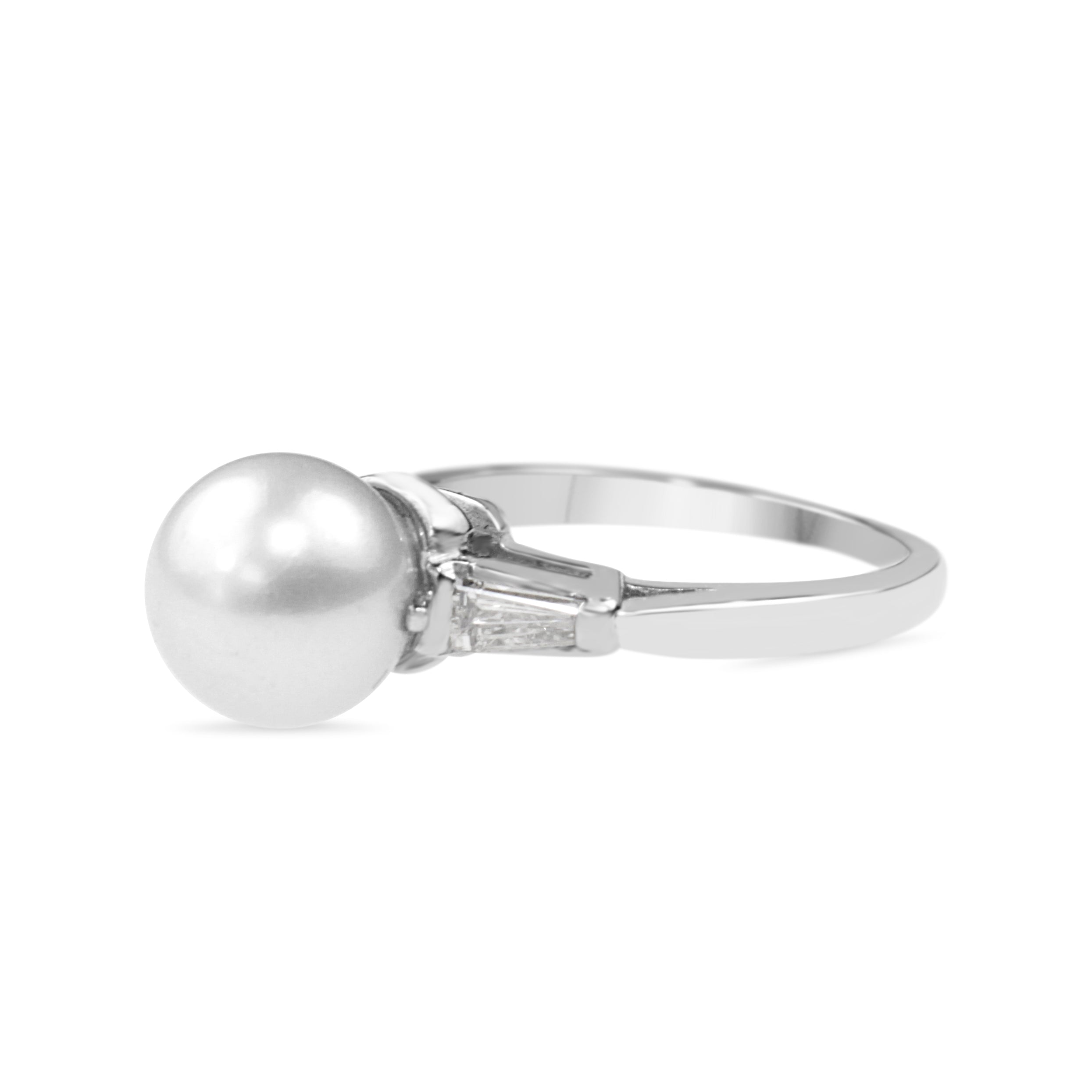 Platinum 8mm Cultured Pearl and Baguette Diamond Ring
