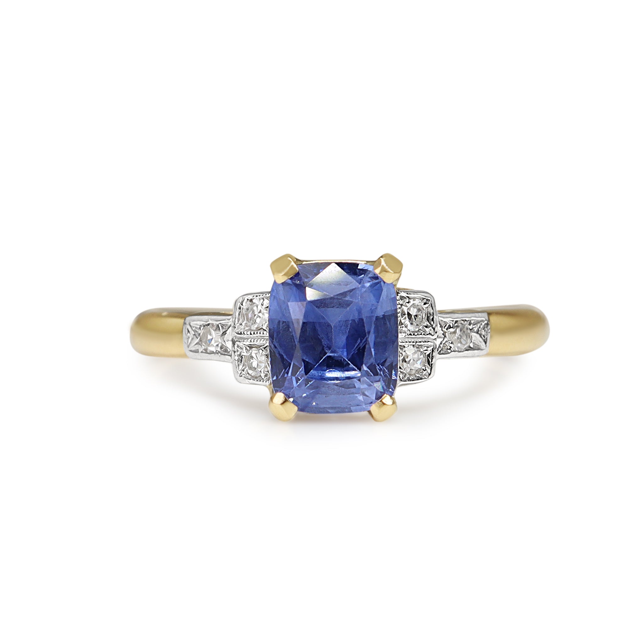 18ct Yellow Gold and Palladium Sapphire and Single Cut Diamond Vintage Ring