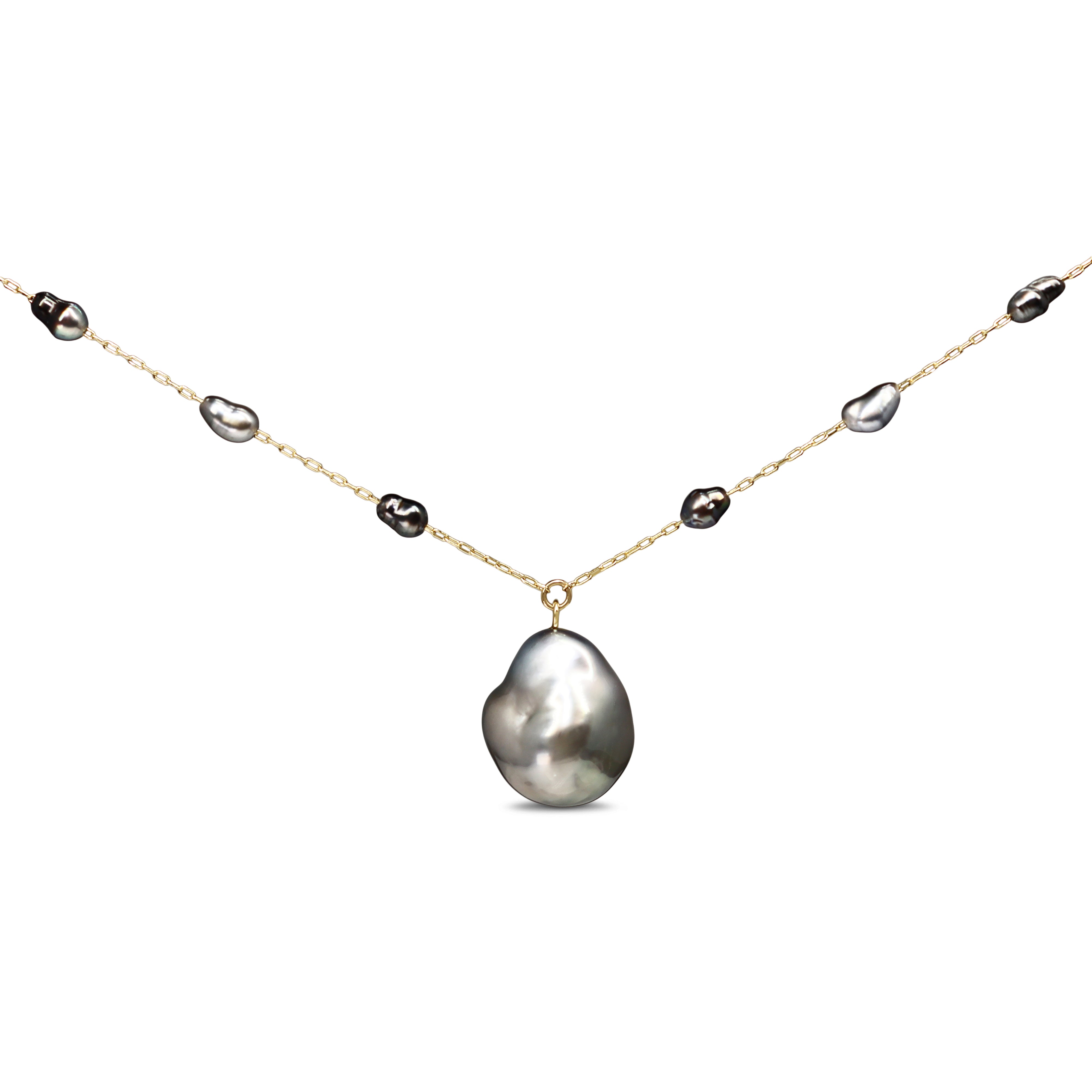 14ct Yellow Gold Black 11.5mm Tahitian Baroque Pearl Necklace