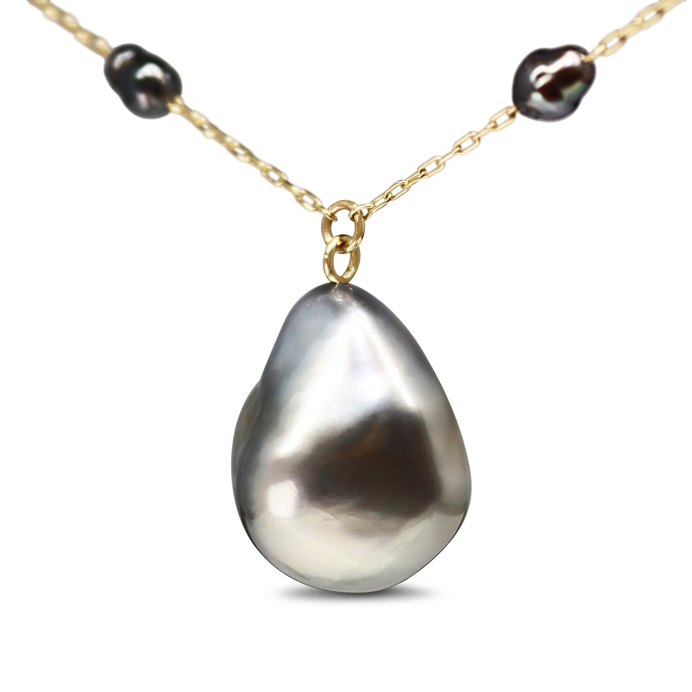 14ct Yellow Gold Black 11.5mm Tahitian Baroque Pearl Necklace