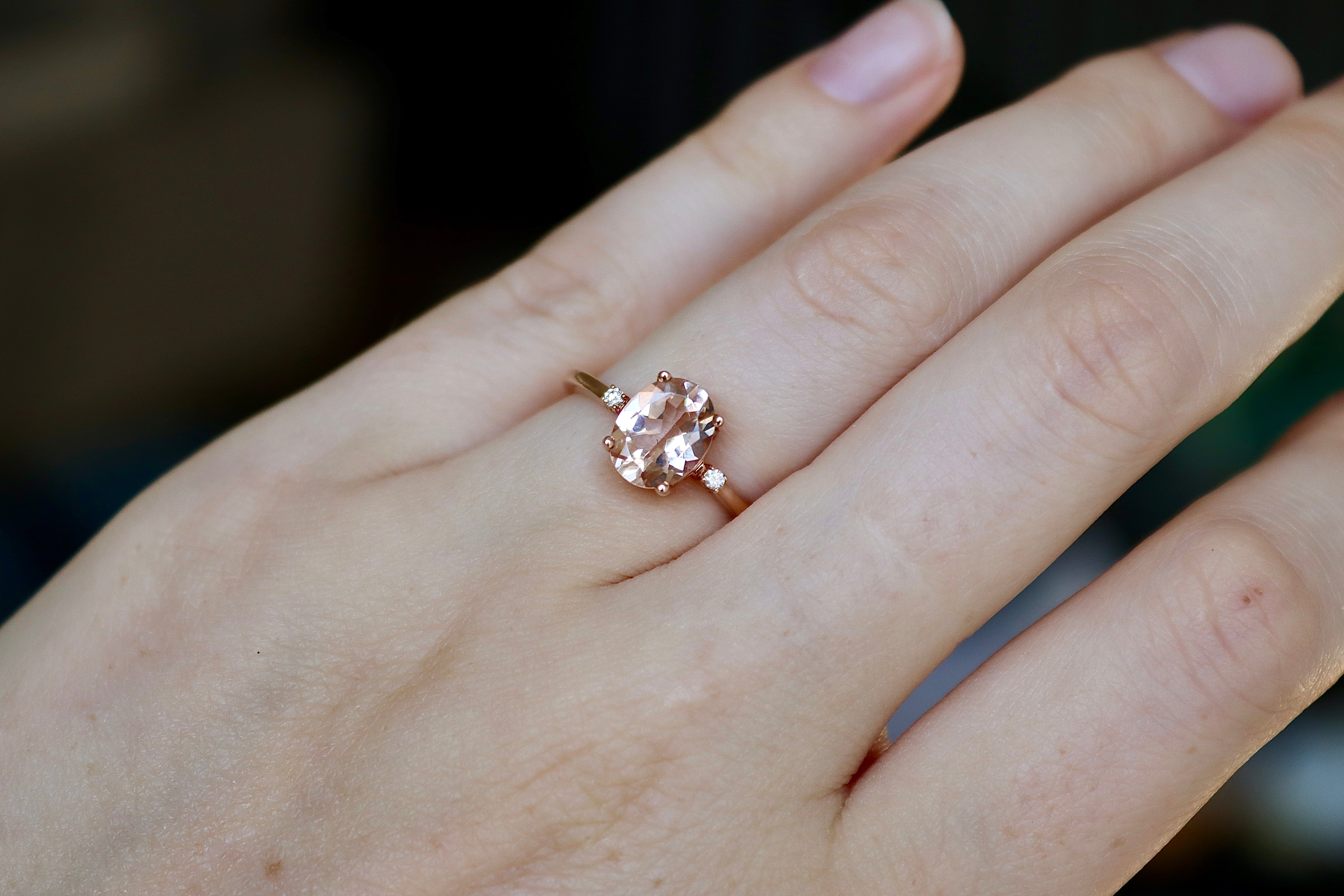 9ct Rose Gold Morganite and Diamond 3 Stone Ring