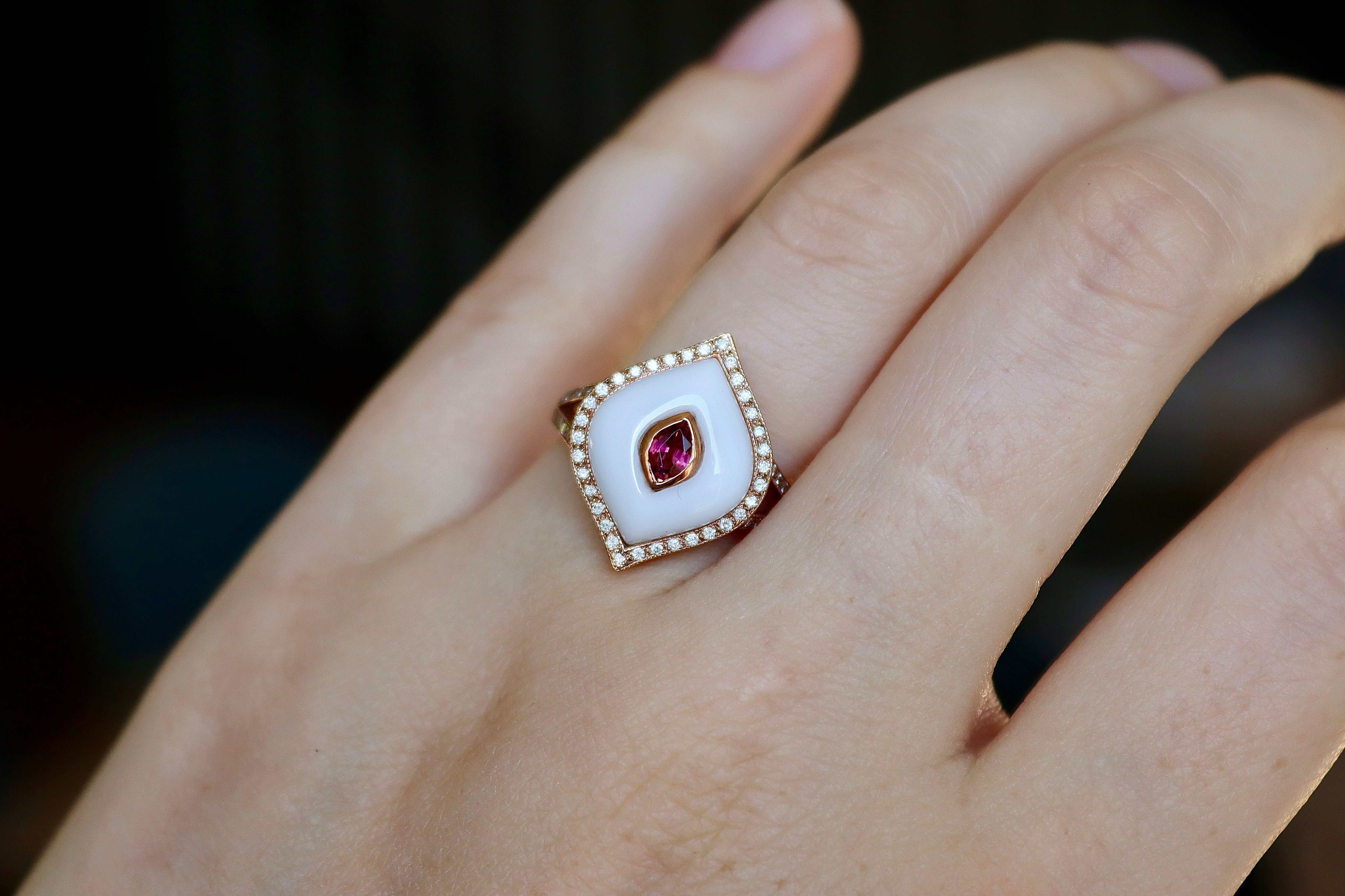 9ct Rose Gold Agate, Tourmaline and Diamond Ring