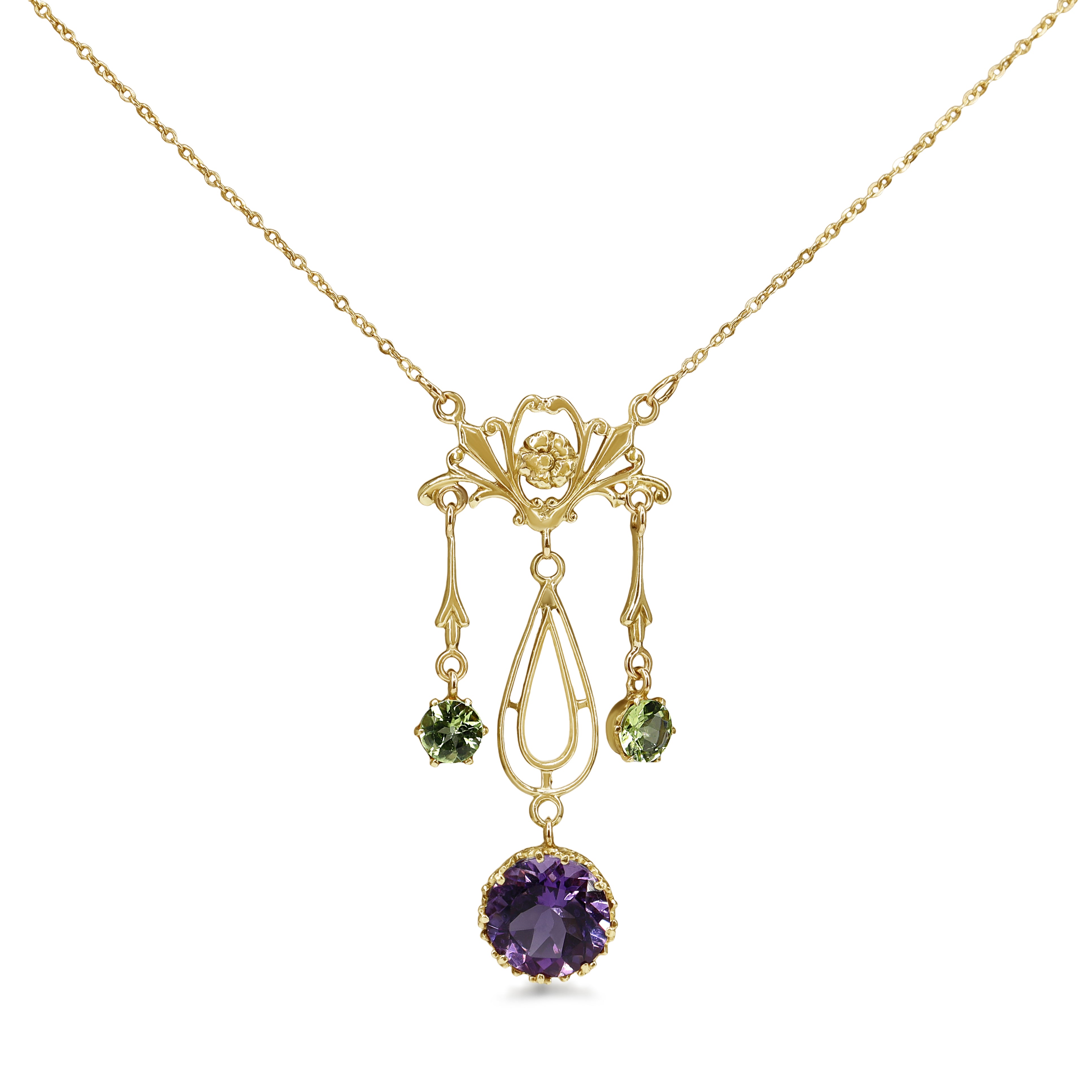 9ct Yellow Gold Amethyst and Peridot Deco Necklace