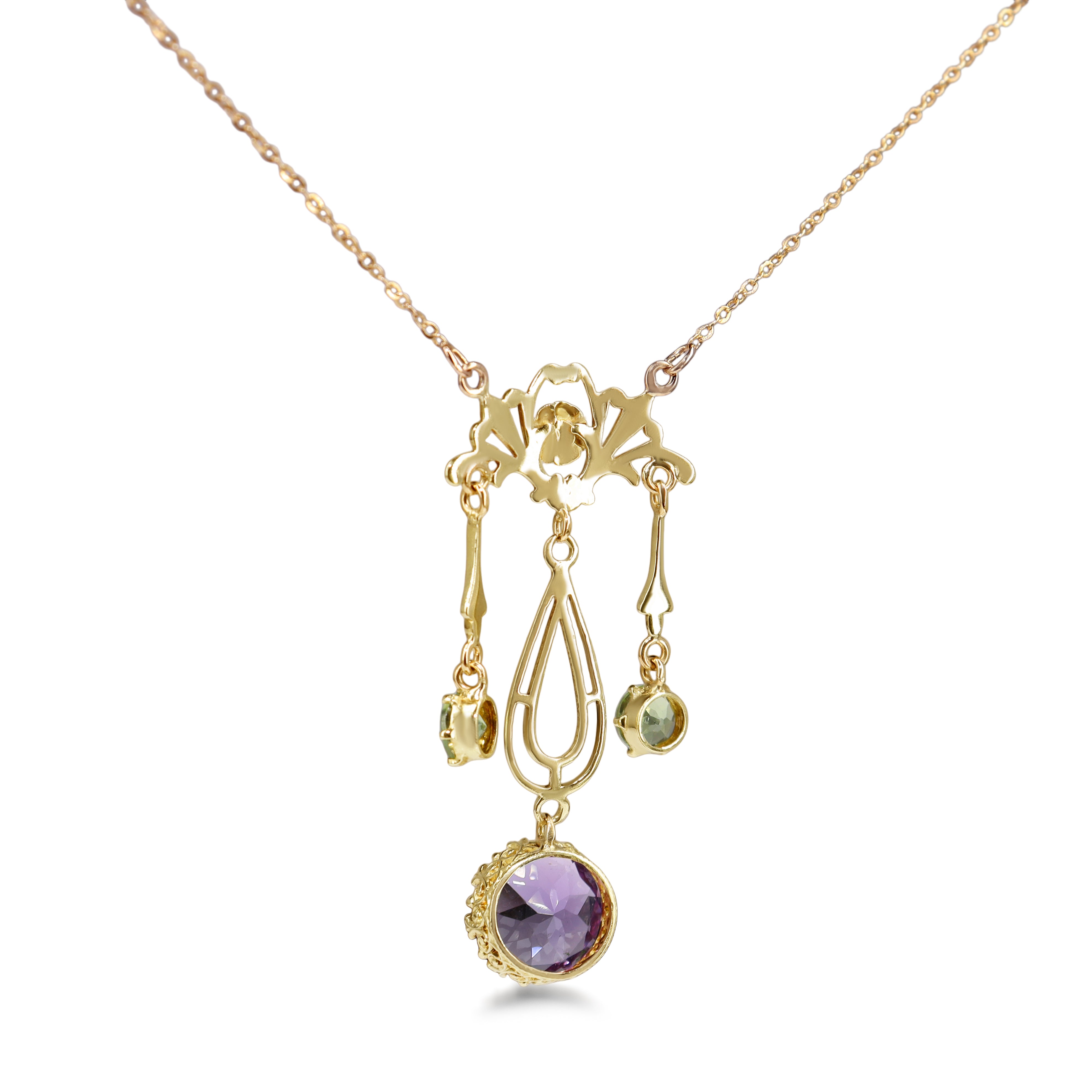 9ct Yellow Gold Amethyst and Peridot Deco Necklace
