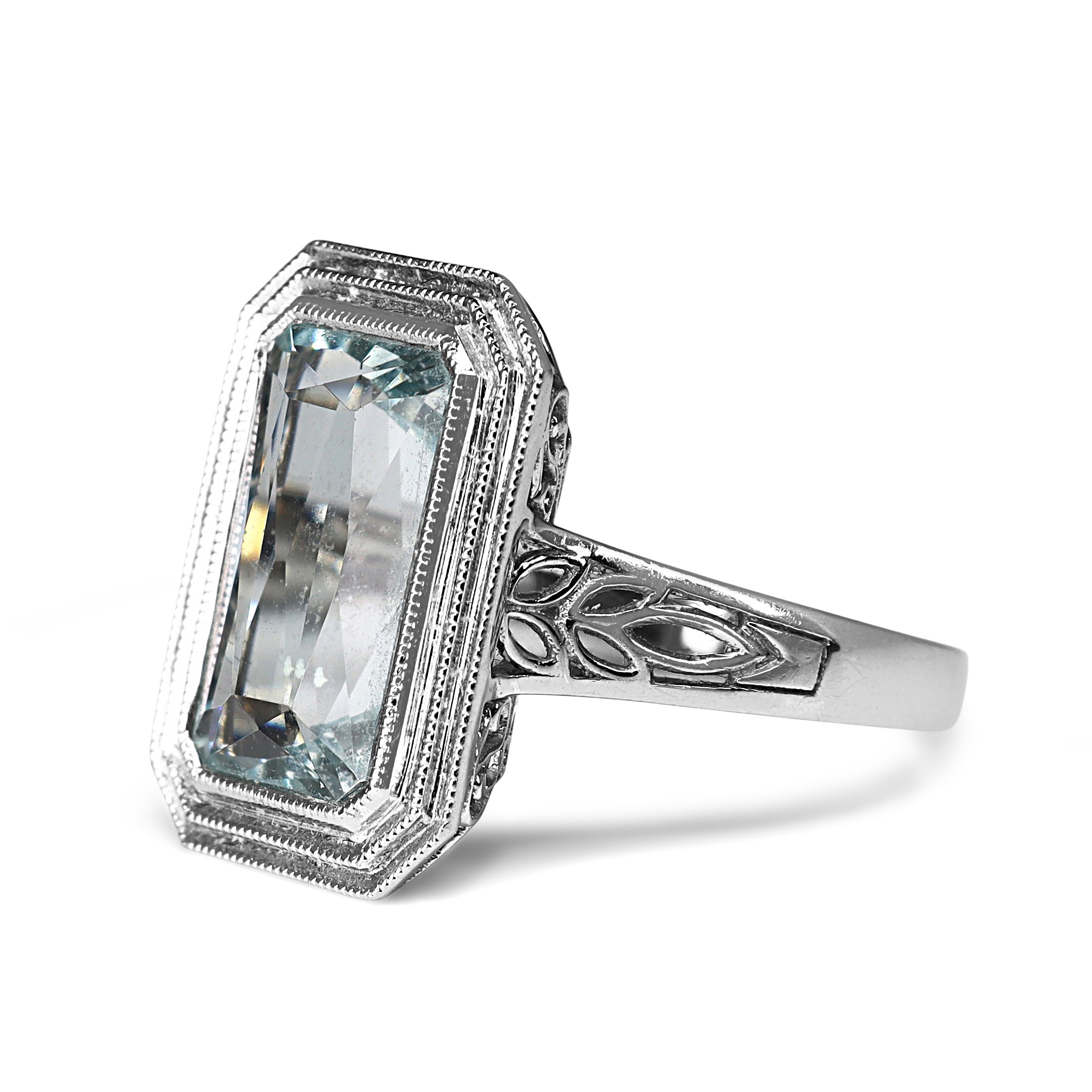 14ct White Gold Deco Style Millgrain and Filigree Aquamarine Ring