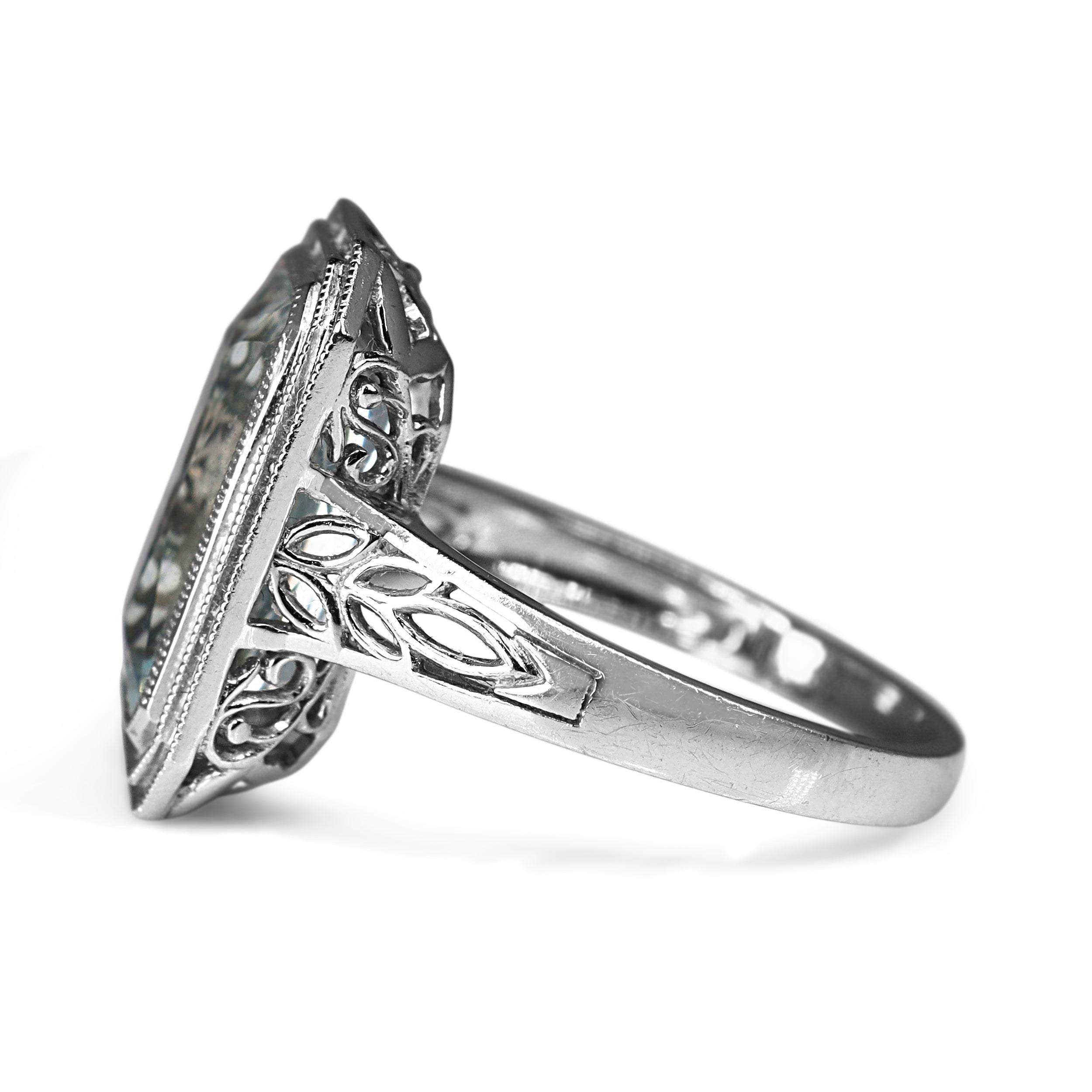 14ct White Gold Deco Style Millgrain and Filigree Aquamarine Ring