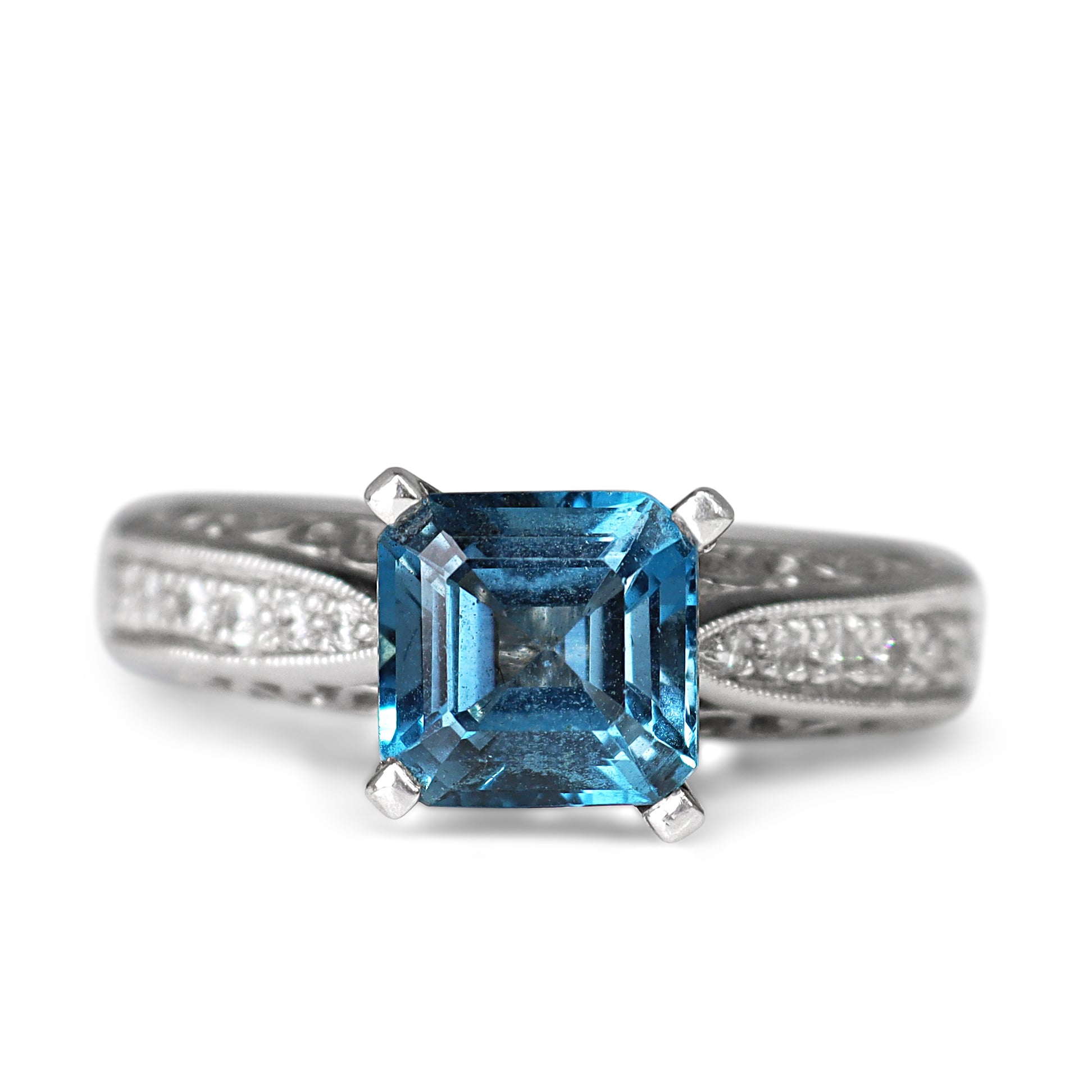 Platinum Blue Topaz and Diamond Solitaire Ring with Filigree