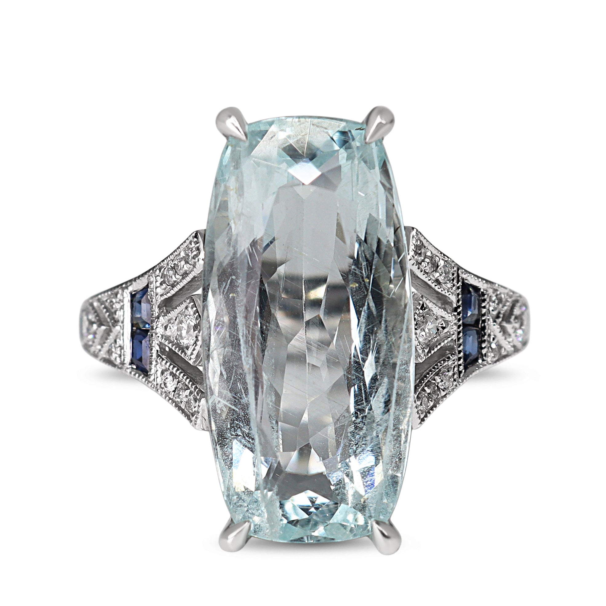 18ct White Gold Aquamarine, Sapphire and Diamond Art Deco Style Ring