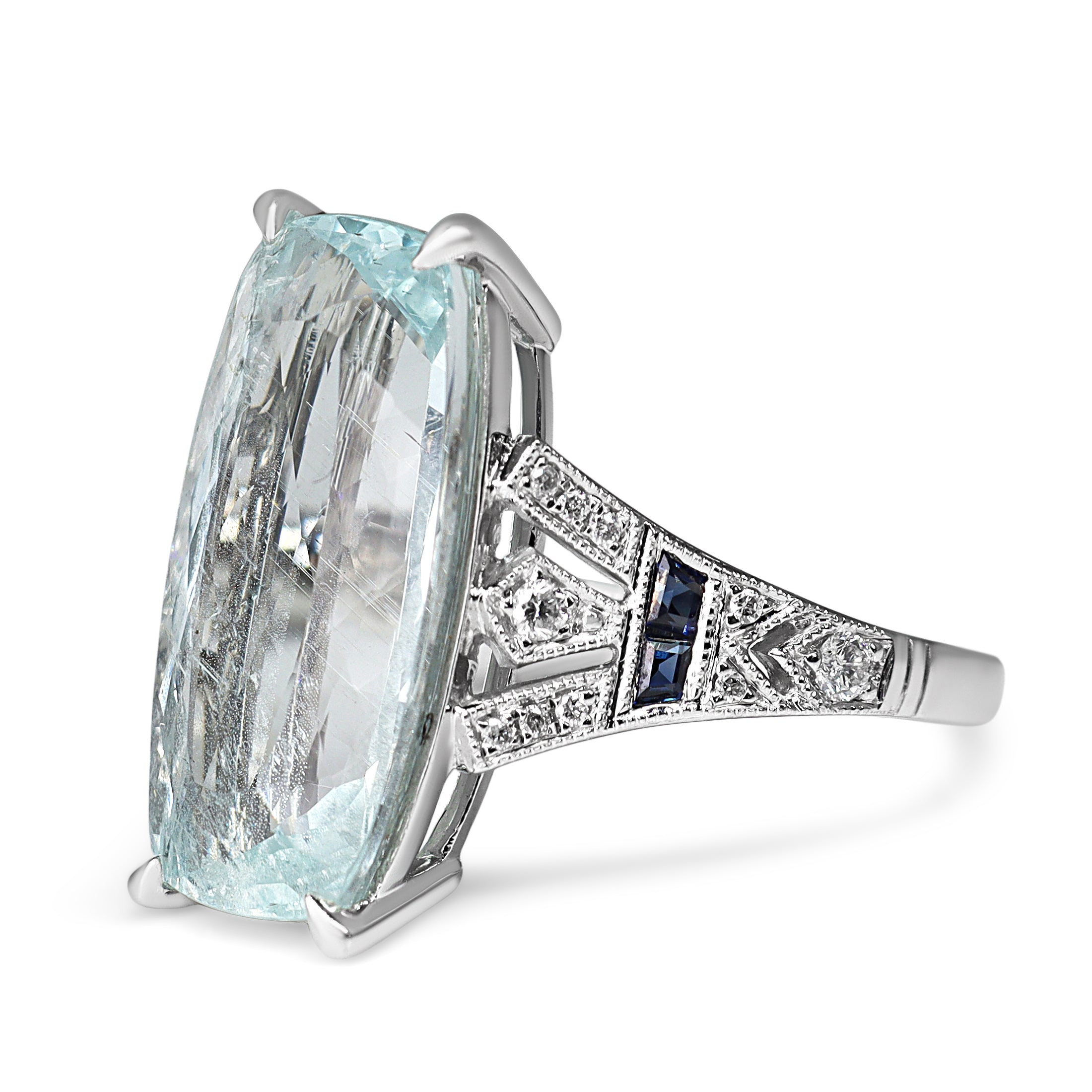 18ct White Gold Aquamarine, Sapphire and Diamond Art Deco Style Ring