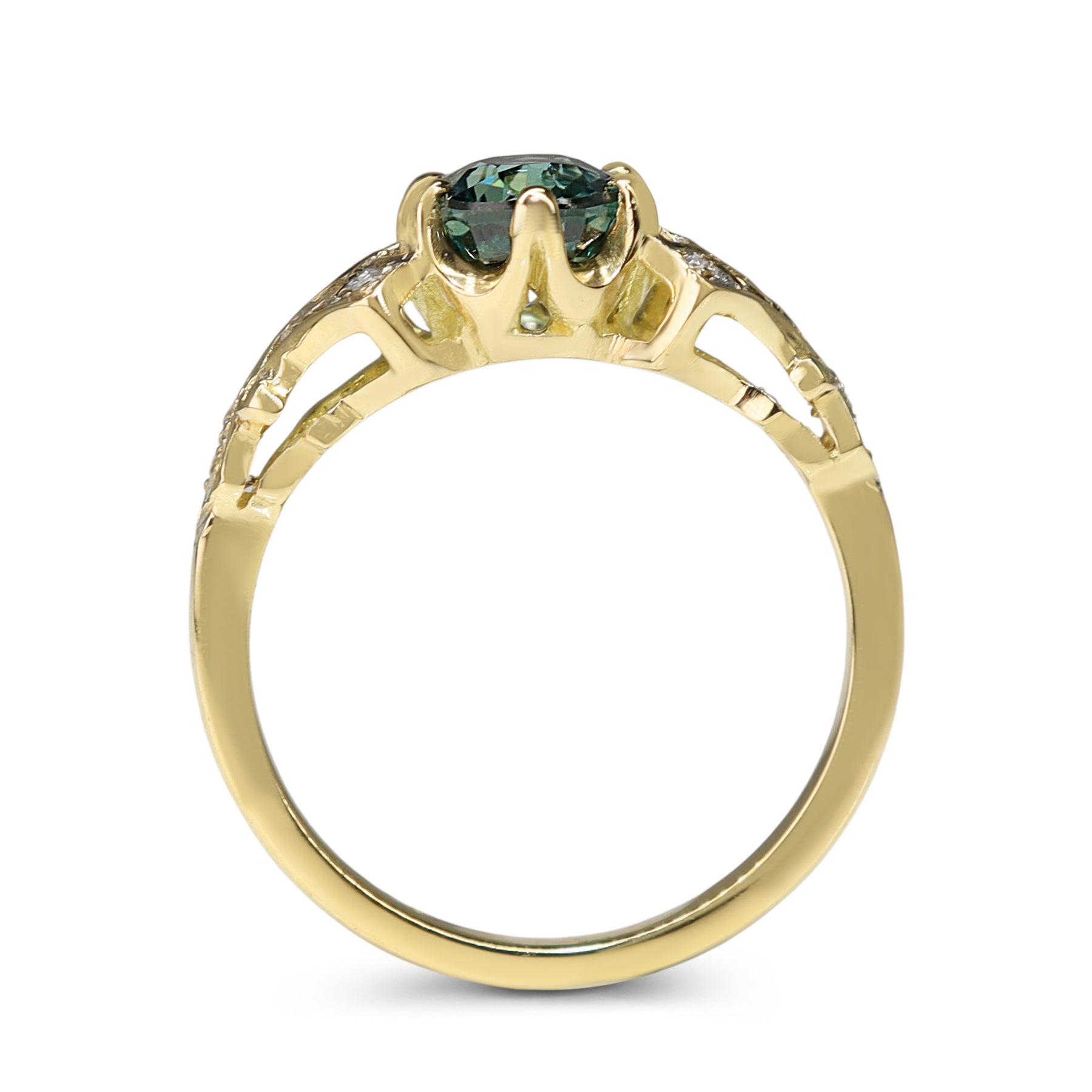 18ct Yellow Gold Teal Sapphire and Diamond Vintage Style Ring