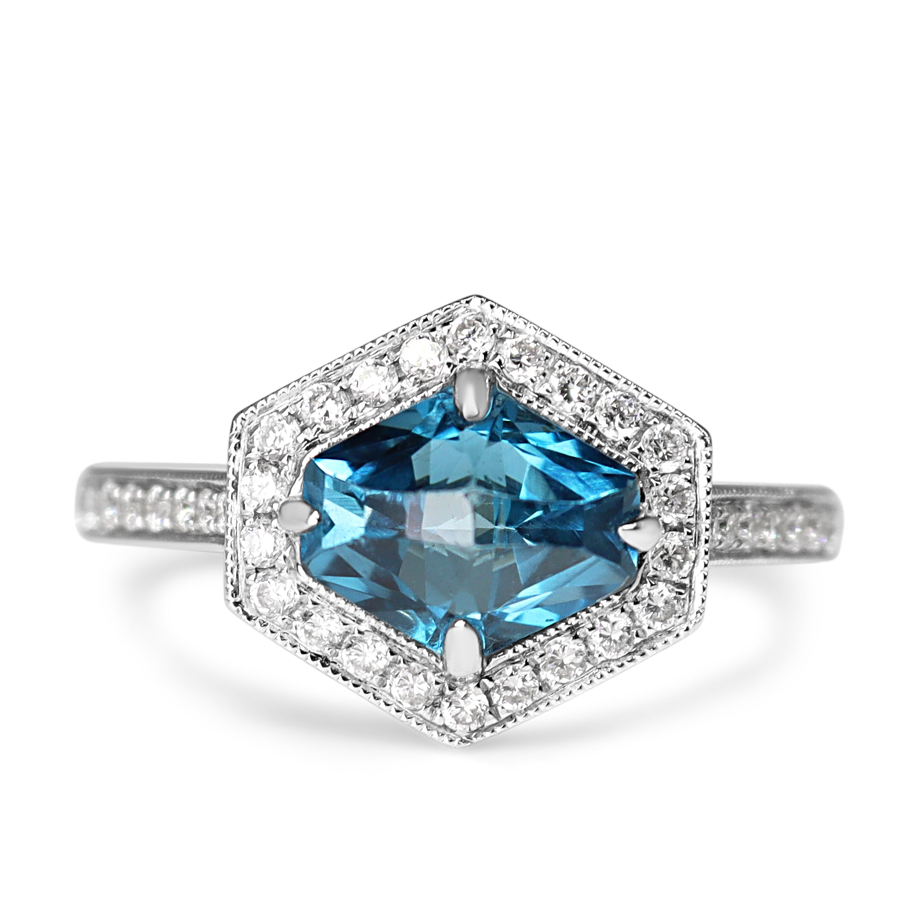 18ct White Gold Fancy Cut Topaz and Diamond Hexagon Halo Ring