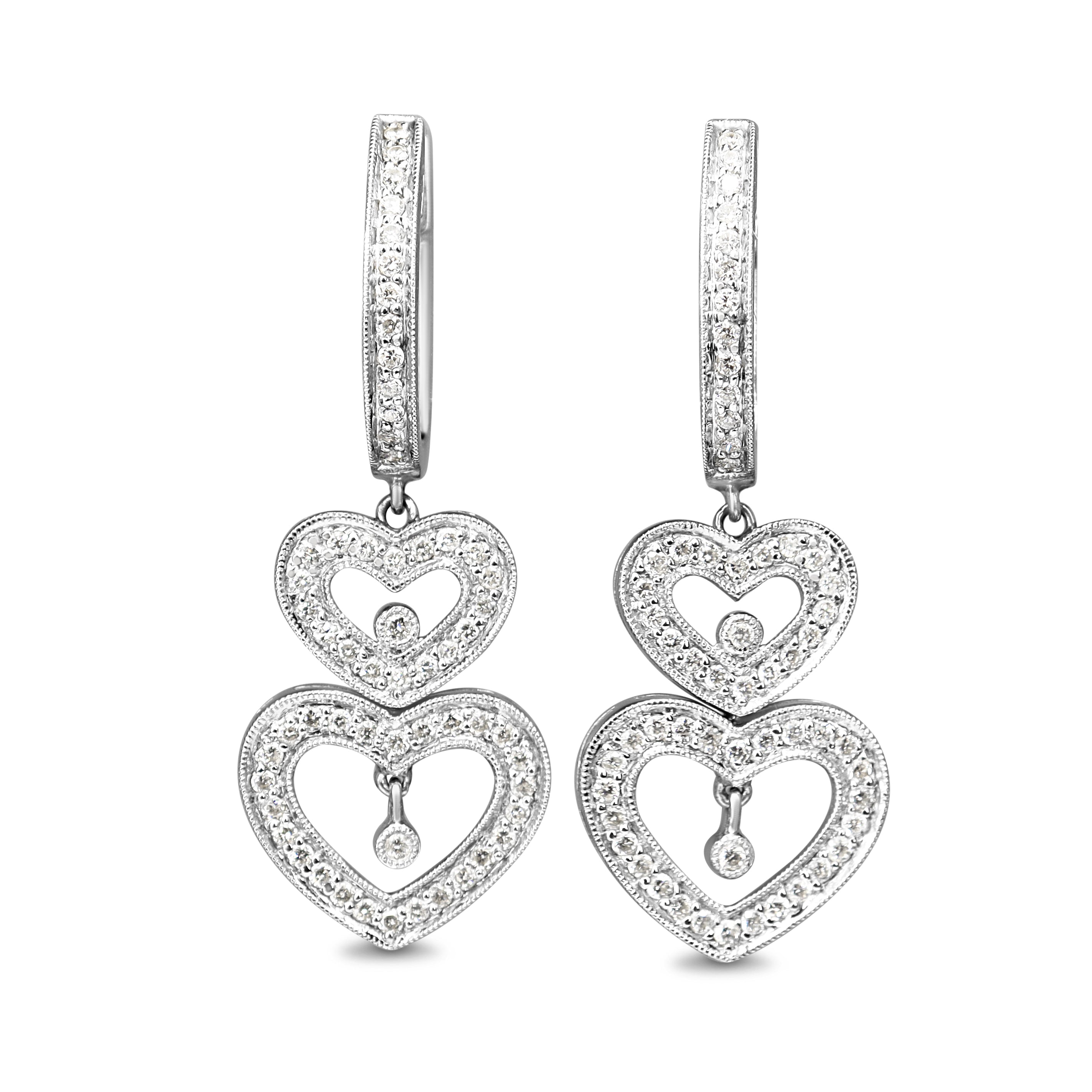 18ct White Gold Diamond Heart Drop Earrings