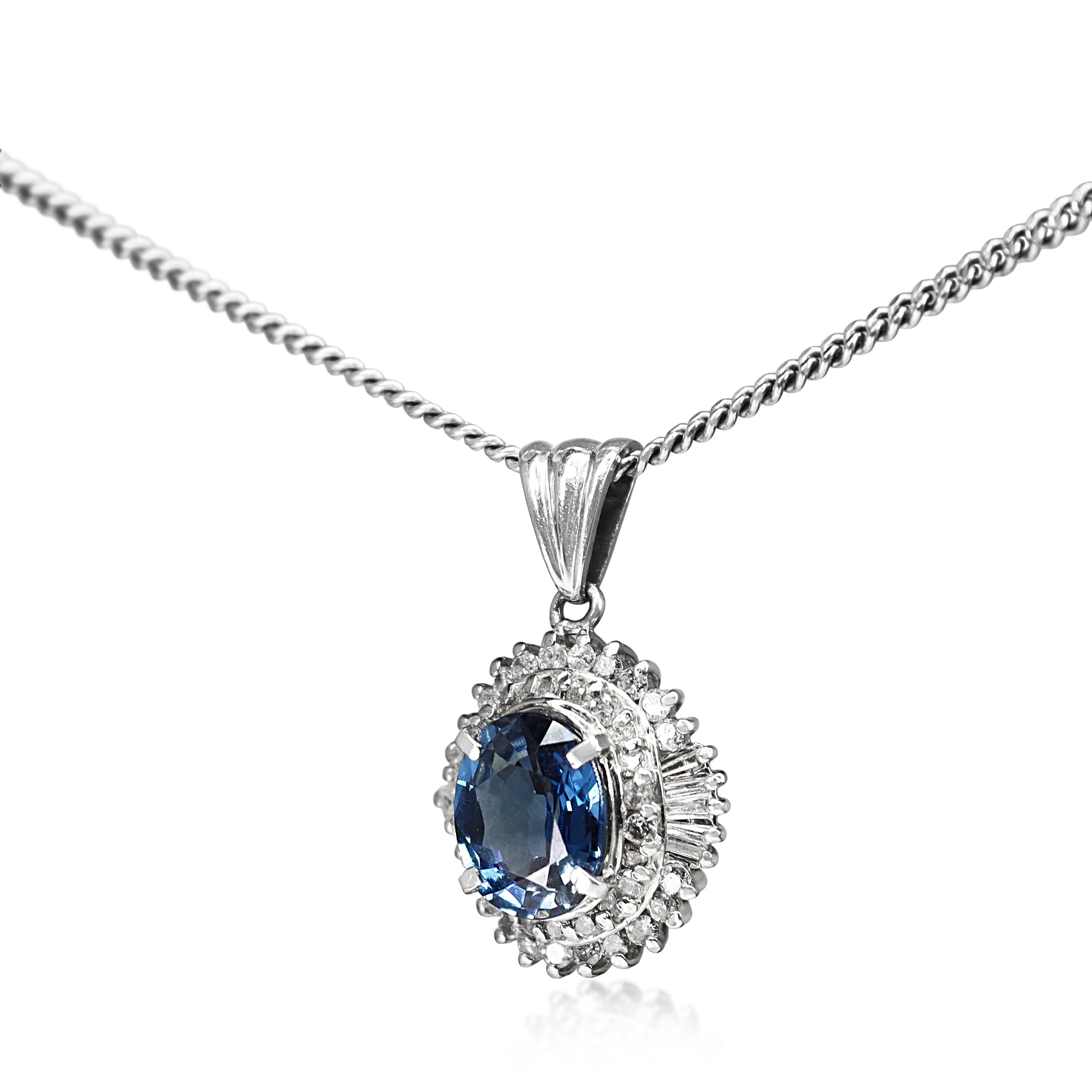 Platinum Sapphire and Baguette and Brilliant Cut Diamond Halo Pendant