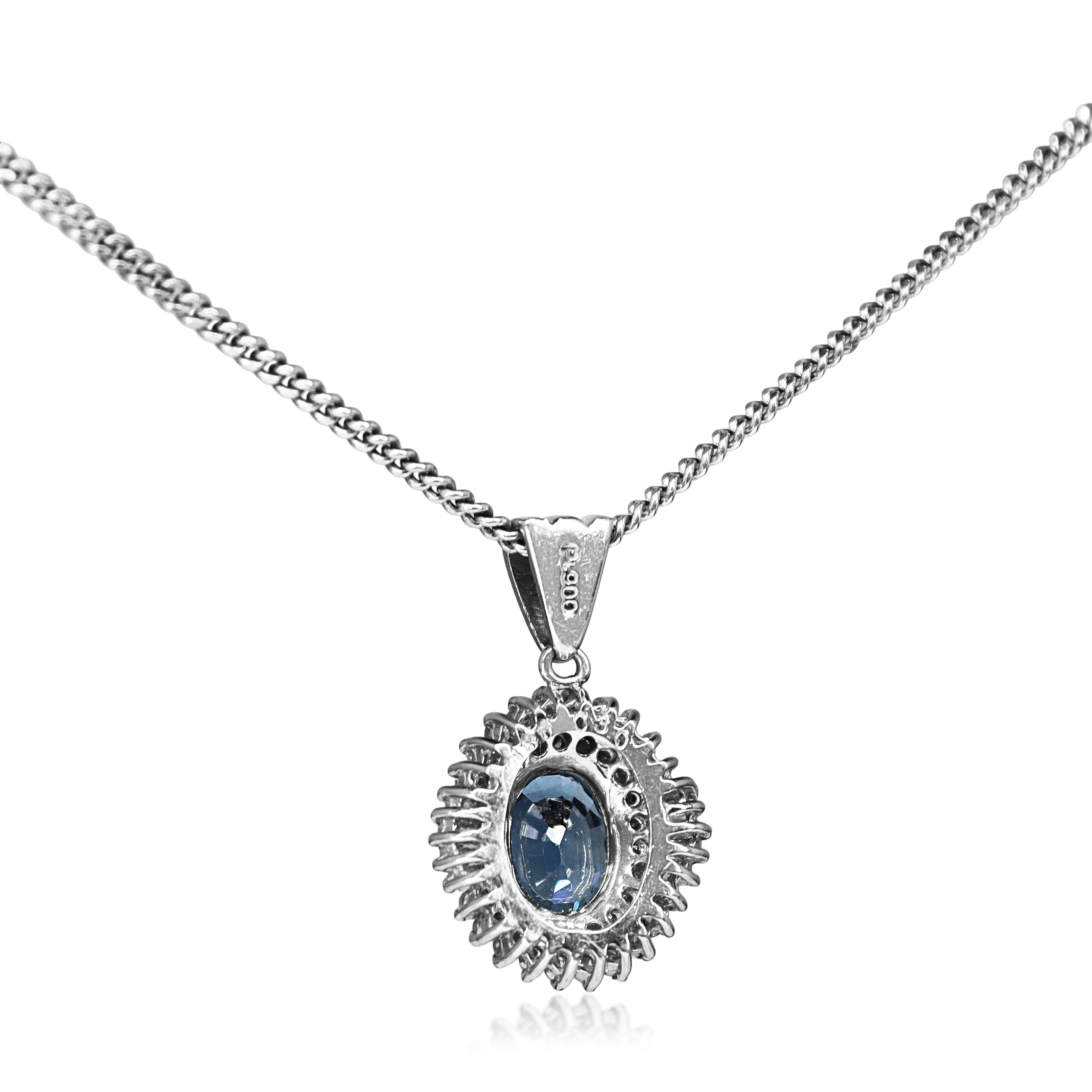 Platinum Sapphire and Baguette and Brilliant Cut Diamond Halo Pendant